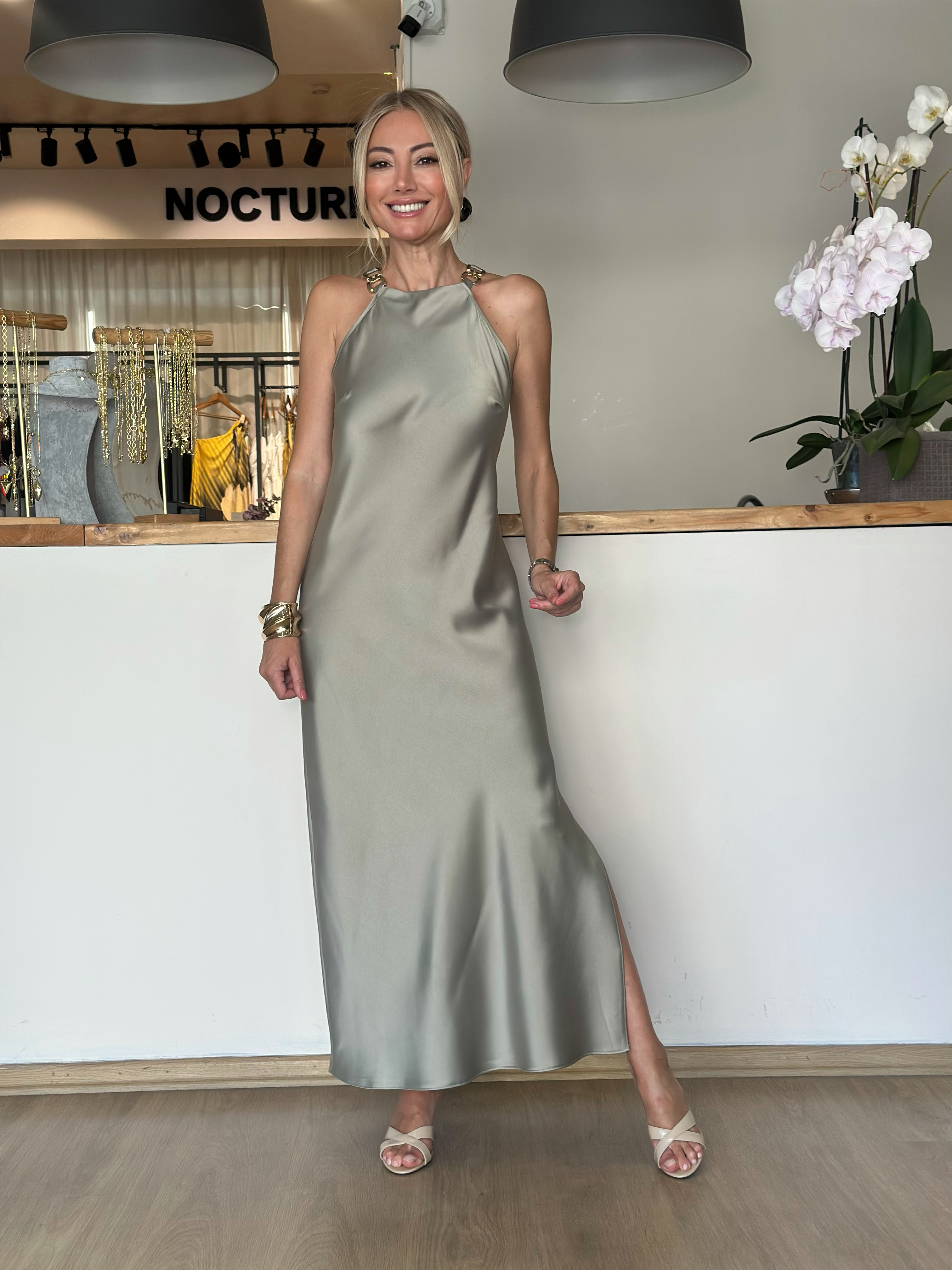 Saten Mint Modern Elbise Askı00246