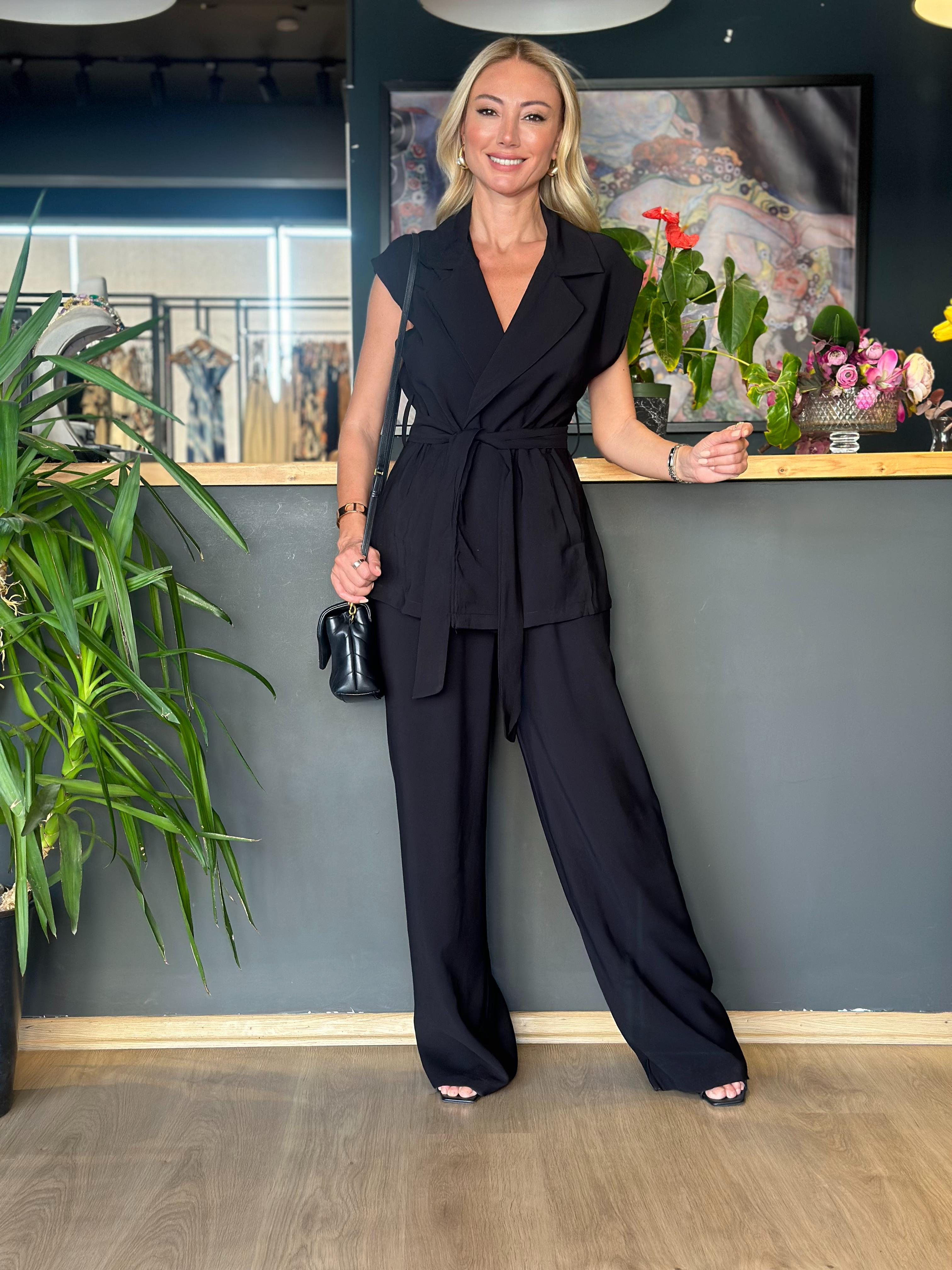 Siyah Kimono Yelek Takım