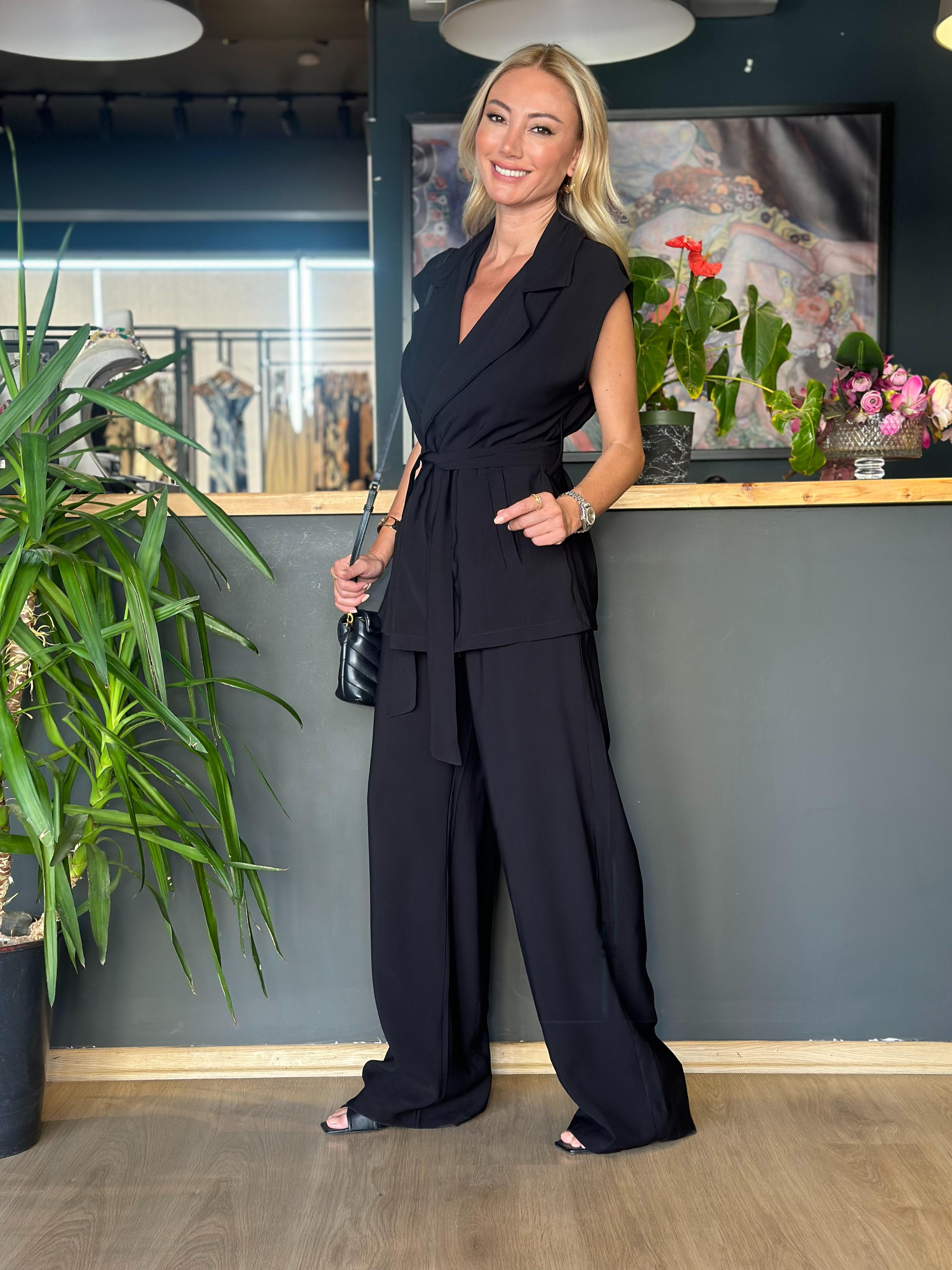 Siyah Kimono Yelek Takım