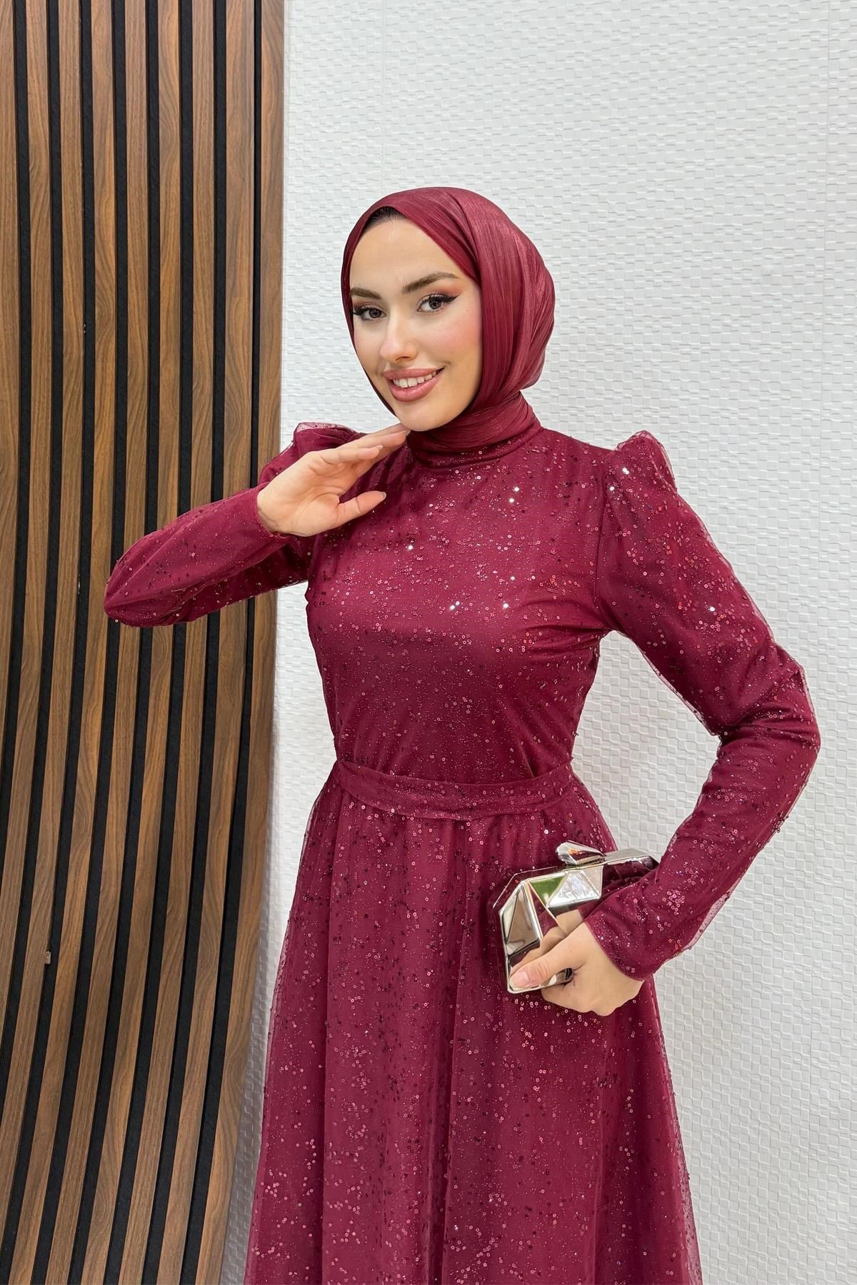 Alaska Simli Abiye Bordo