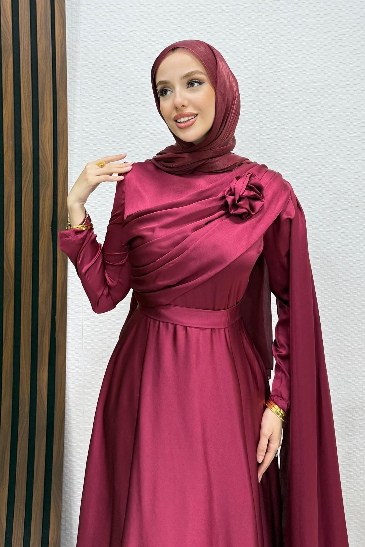 Alaz Saten Gül Abiye Bordo