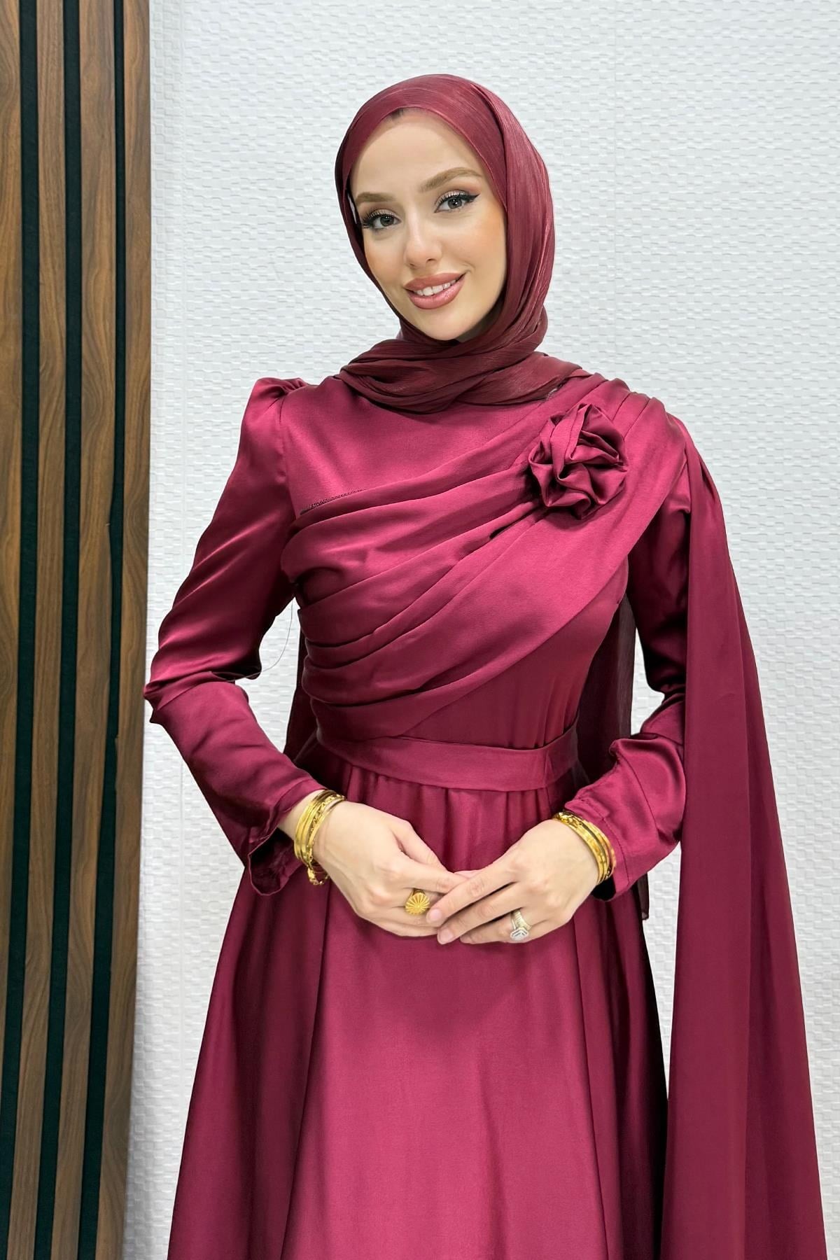 Alaz Saten Gül Abiye Bordo
