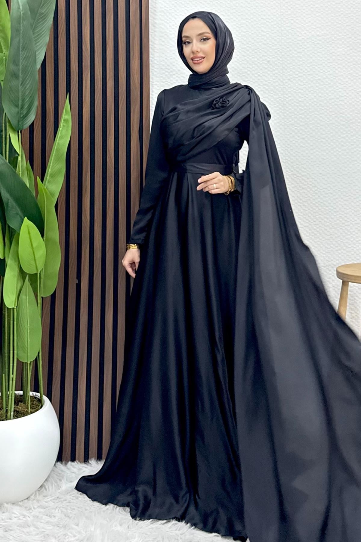 Alaz Saten Gül Abiye Siyah
