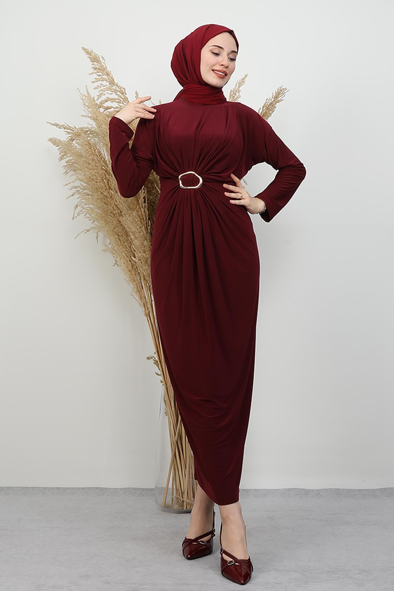 Almira Tokalı Elbise Bordo
