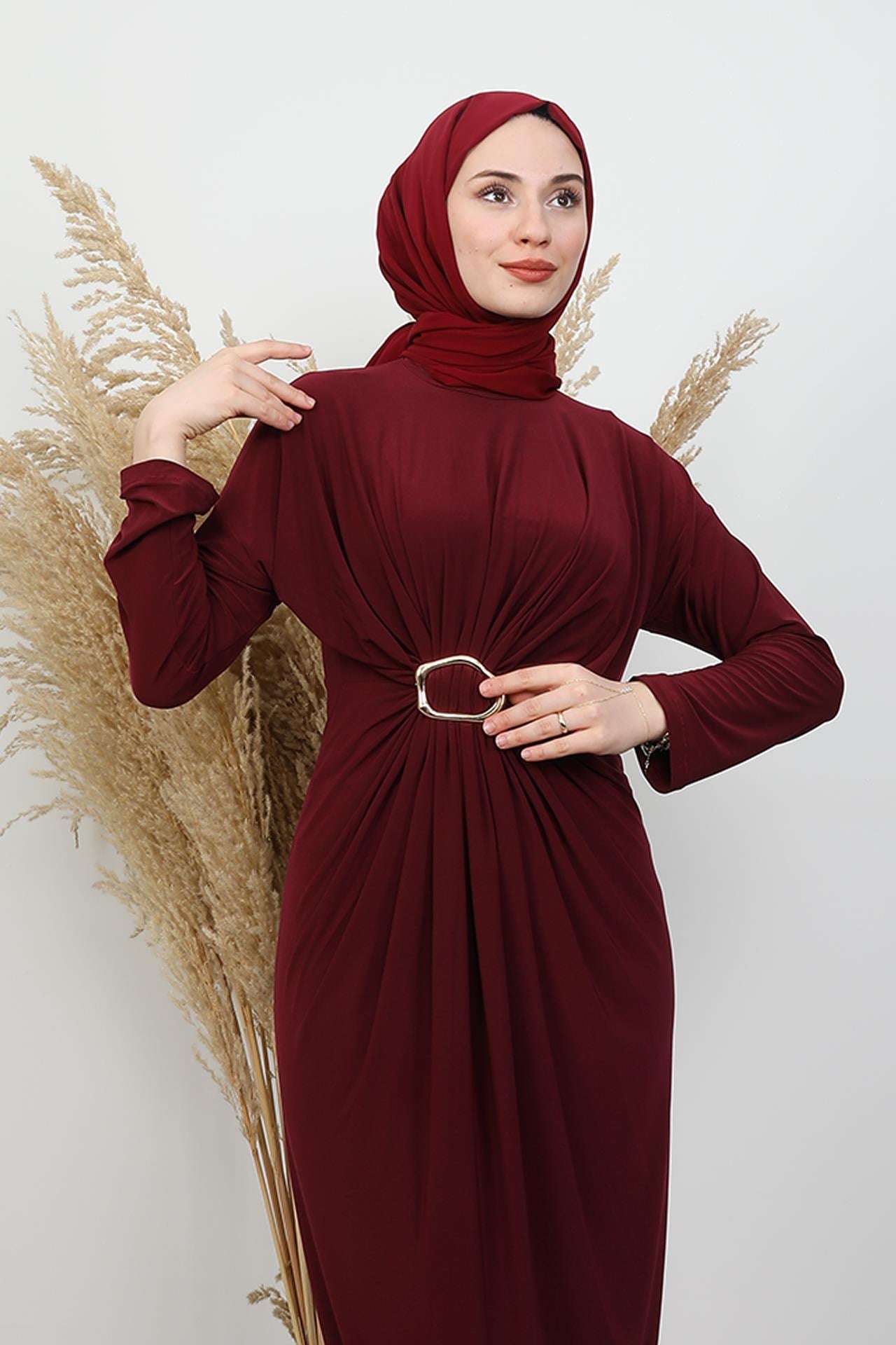 Almira Tokalı Elbise Bordo