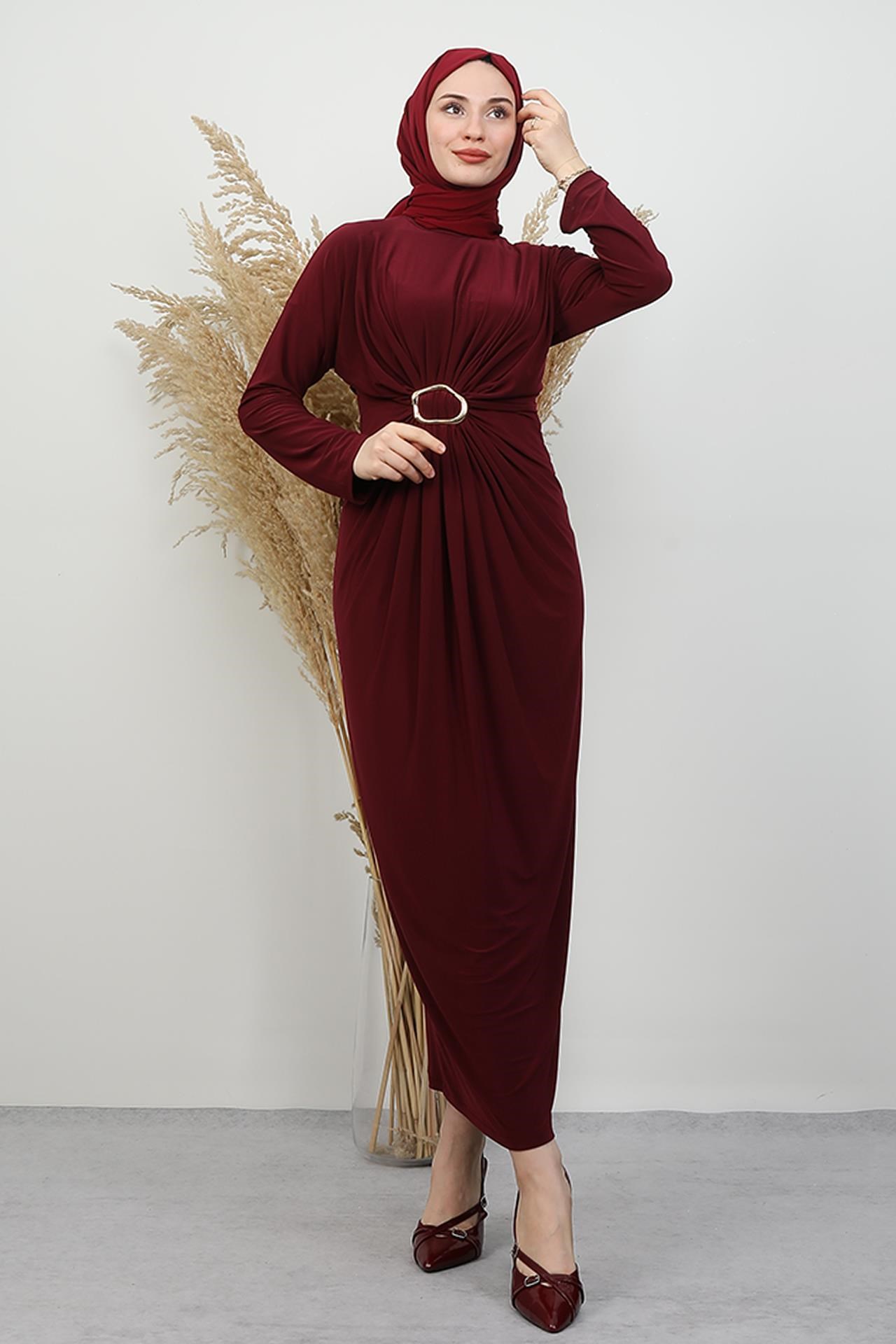 Almira Tokalı Elbise Bordo