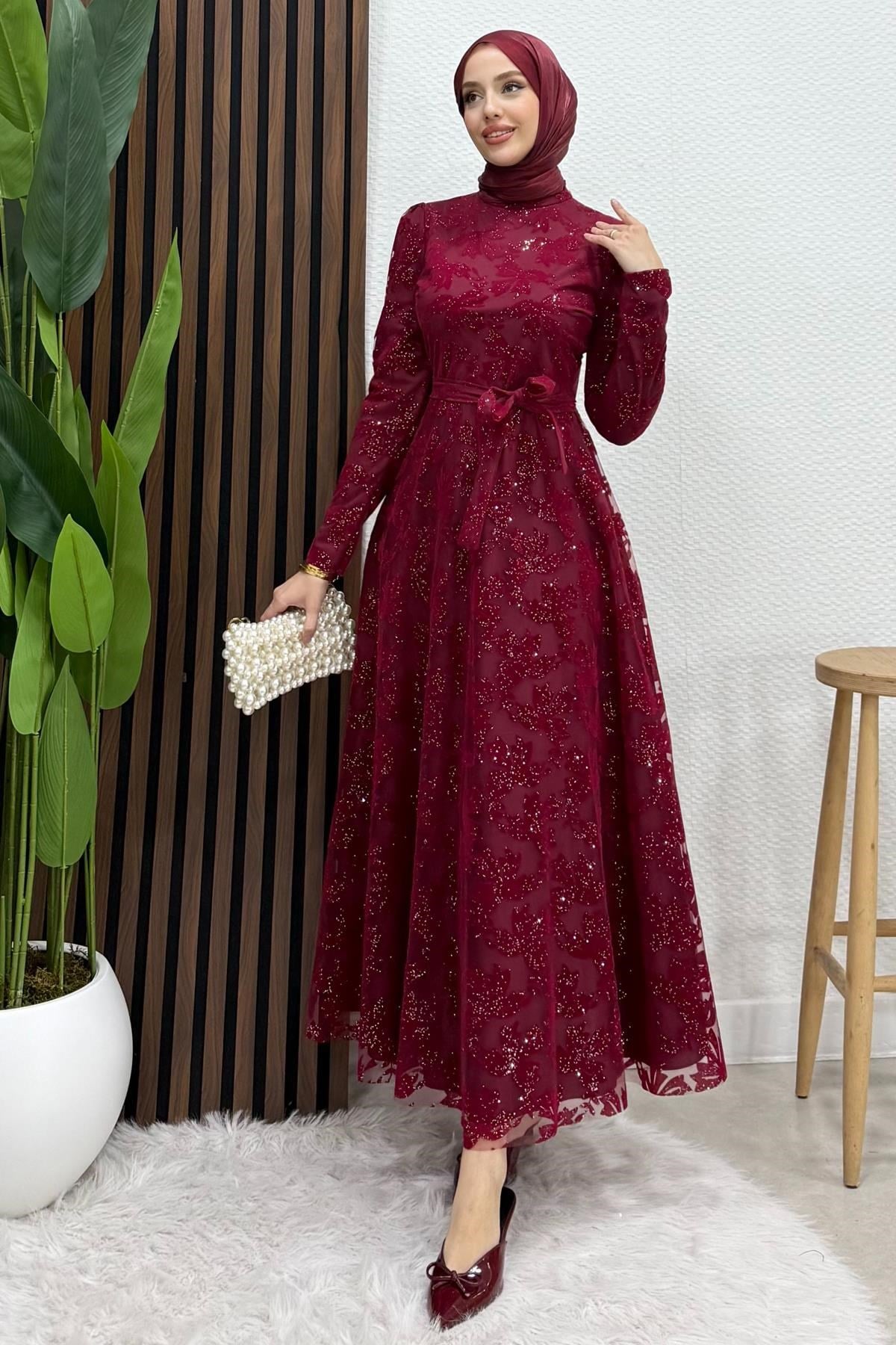 Anastasia Tül Abiye Bordo