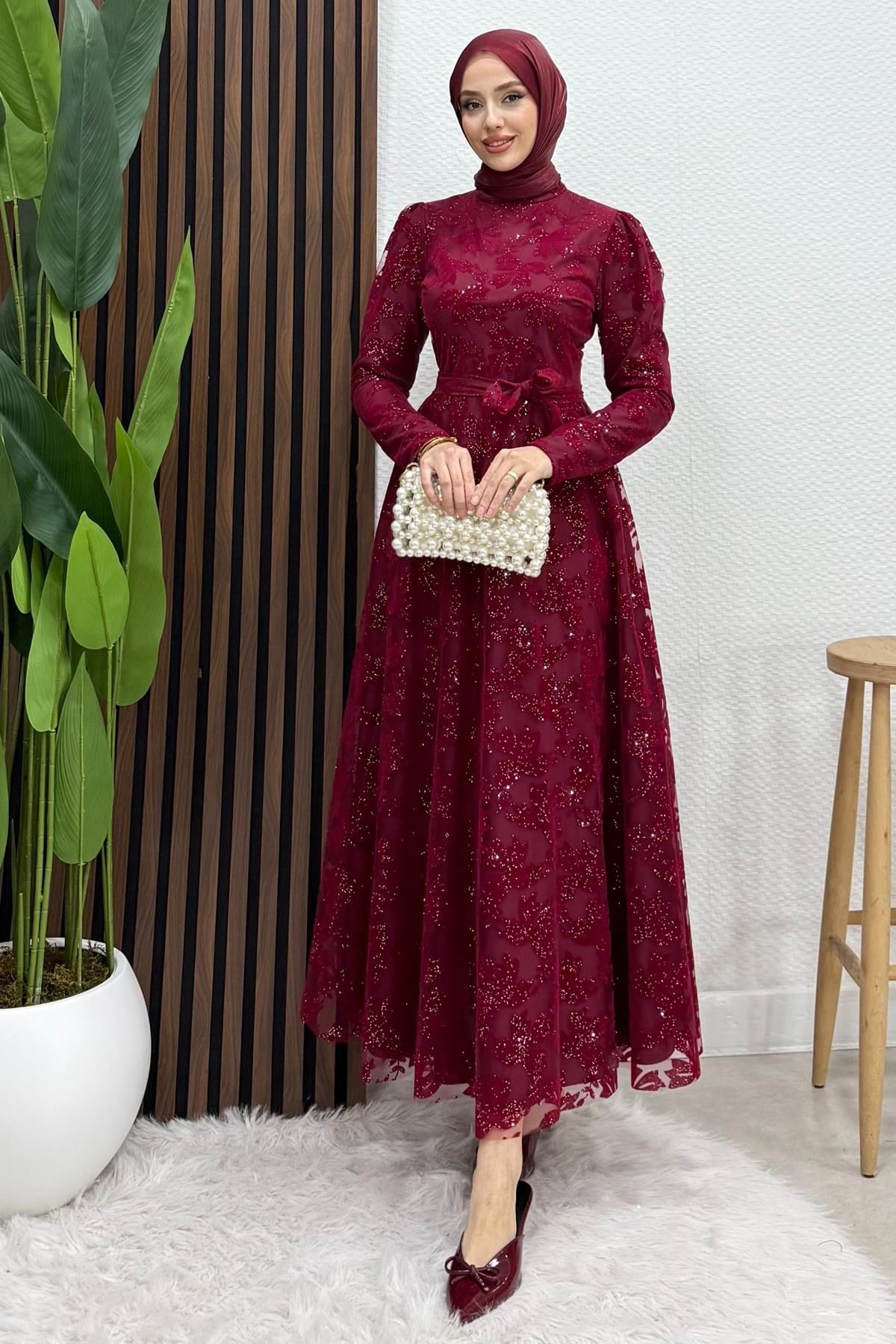 Anastasia Tül Abiye Bordo