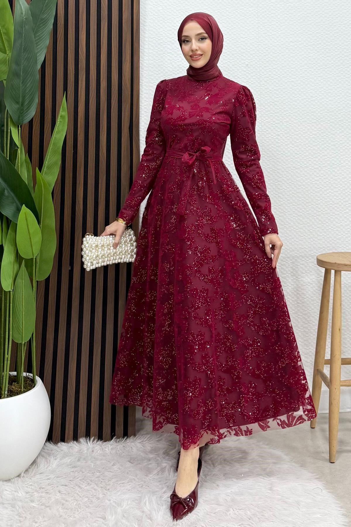 Anastasia Tül Abiye Bordo