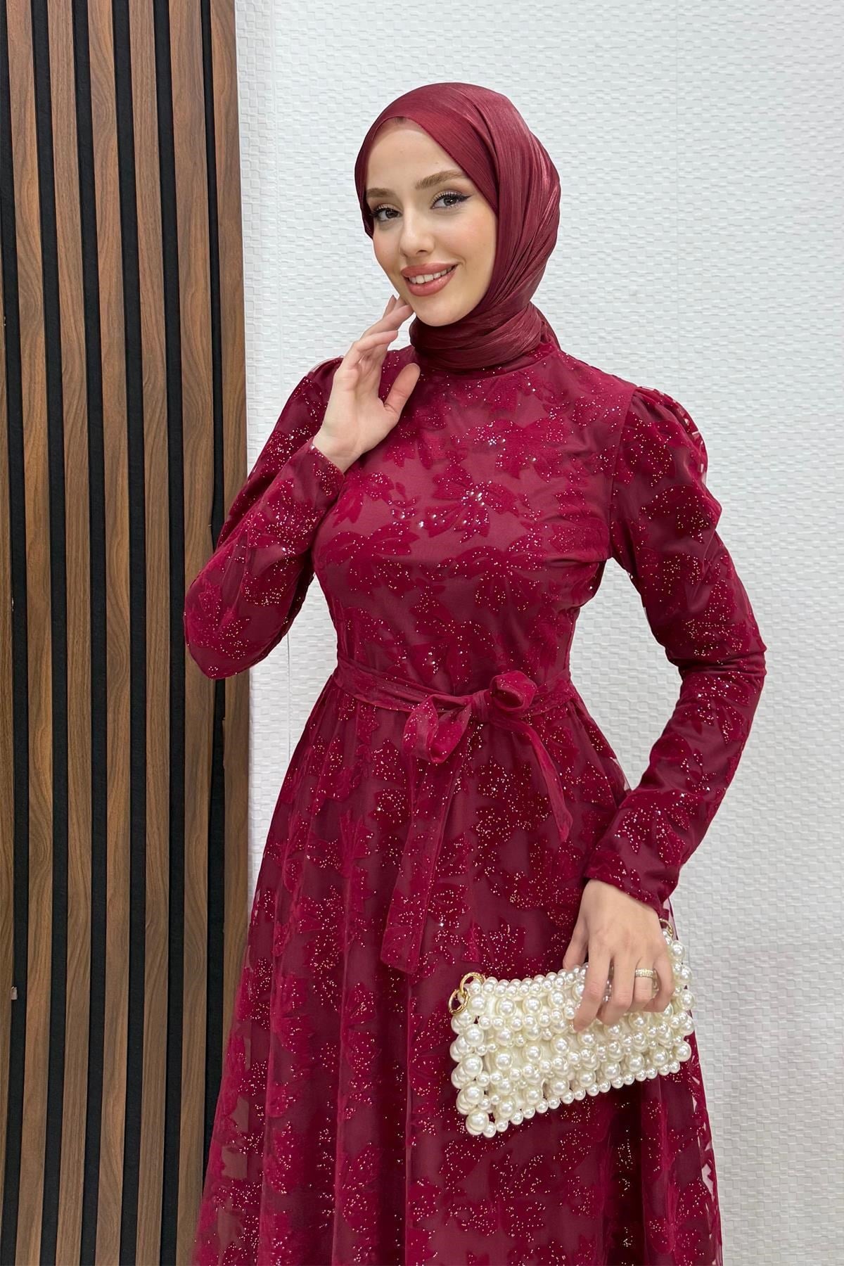 Anastasia Tül Abiye Bordo