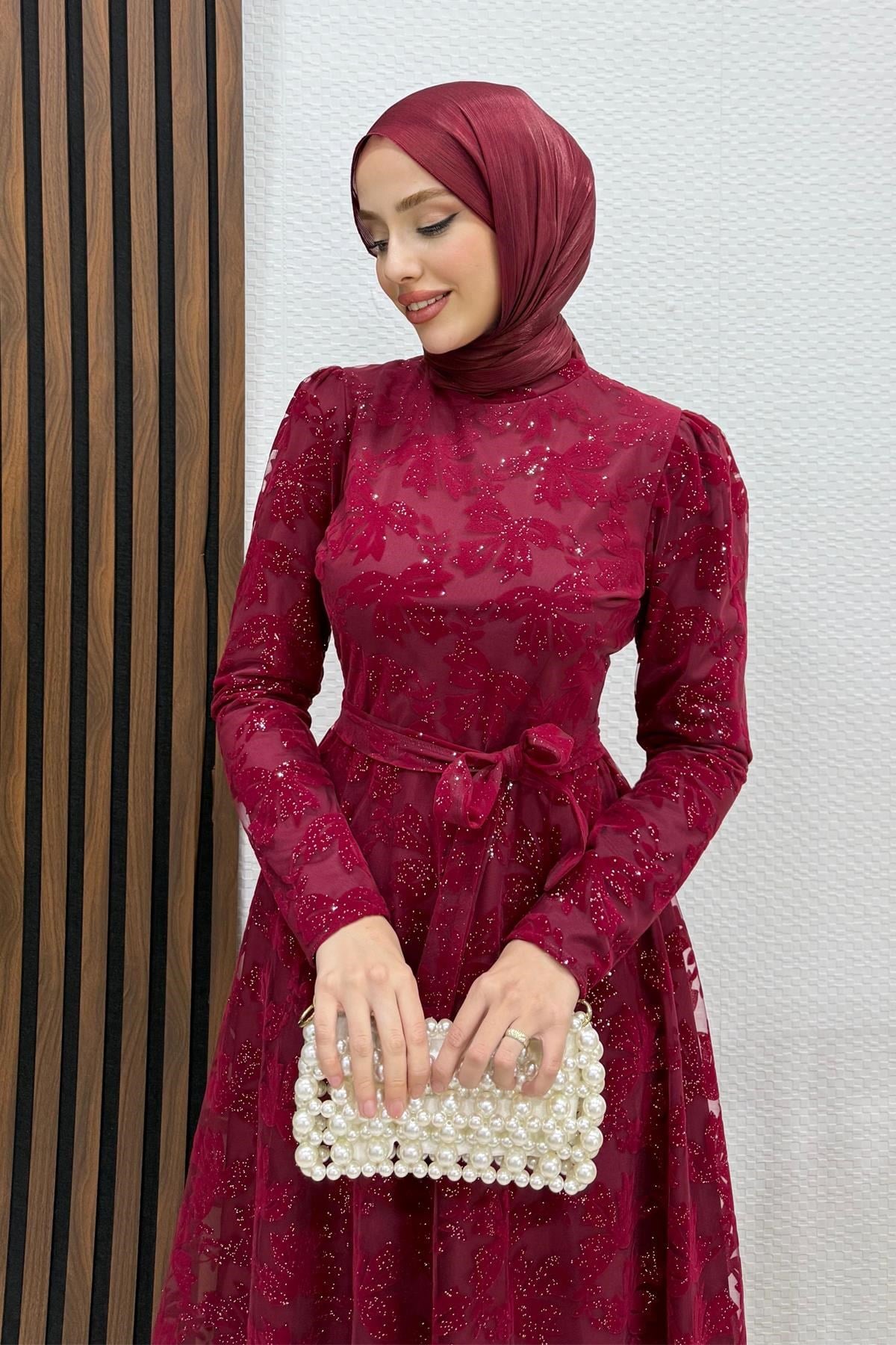 Anastasia Tül Abiye Bordo