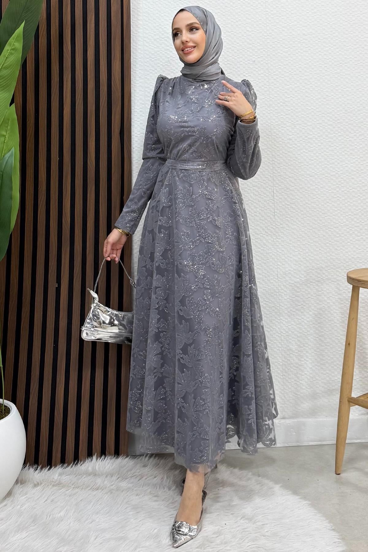 Anastasia Tül Abiye Koyu Gri