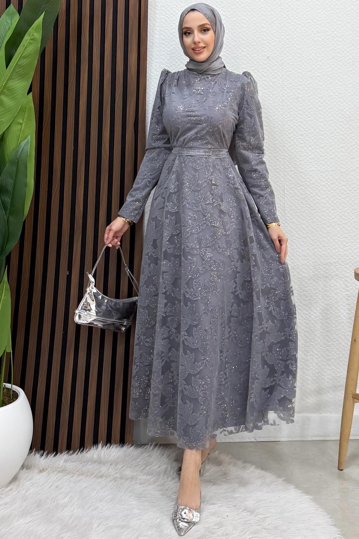 Anastasia Tül Abiye Koyu Gri