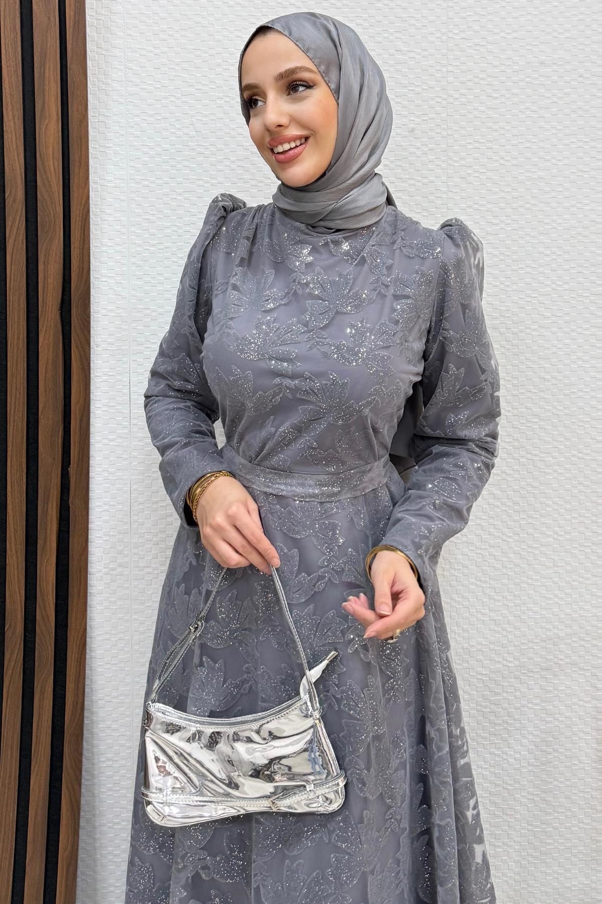 Anastasia Tül Abiye Koyu Gri