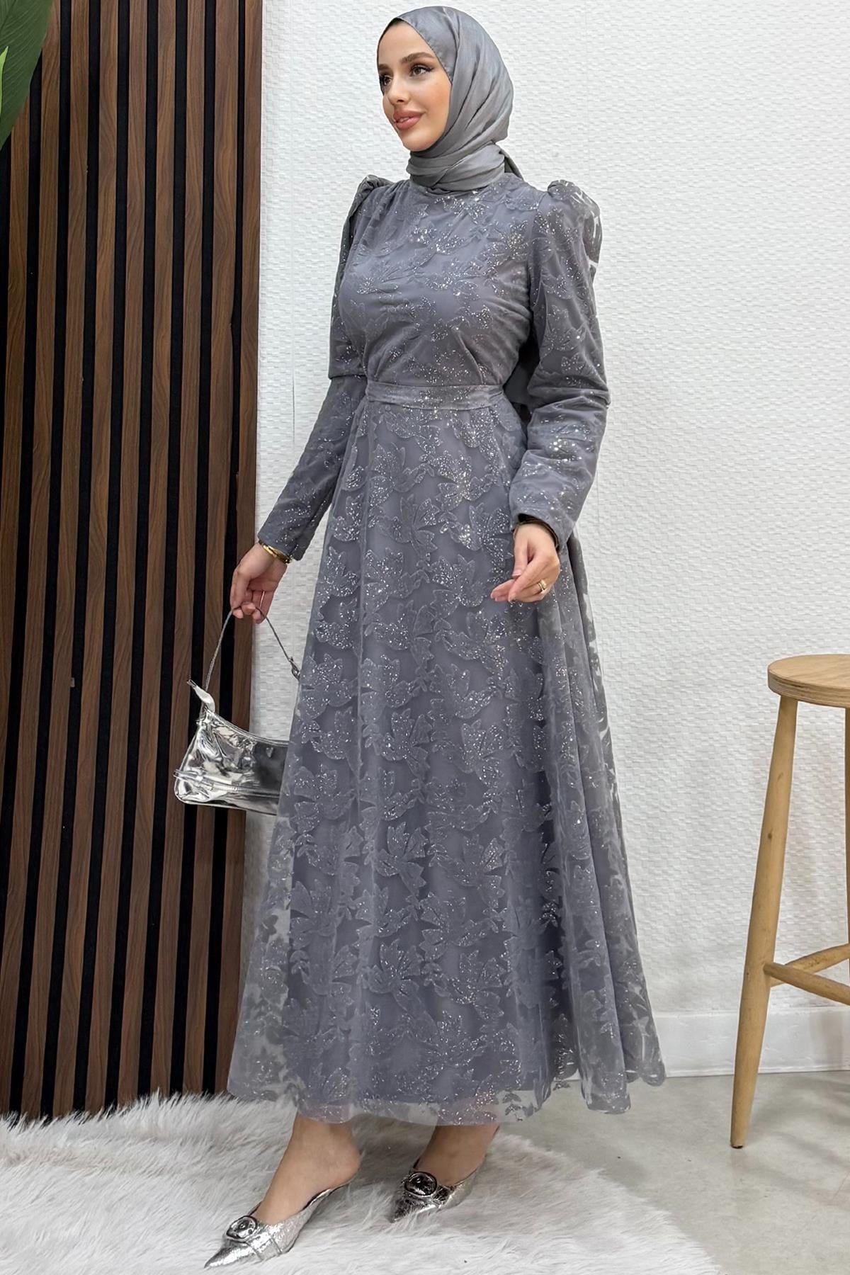 Anastasia Tül Abiye Koyu Gri