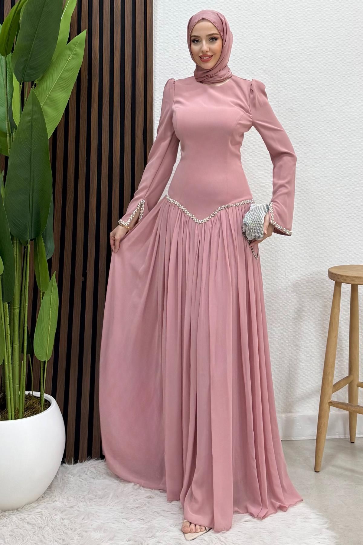 Anelo Şifon Abiye Soft Pembe