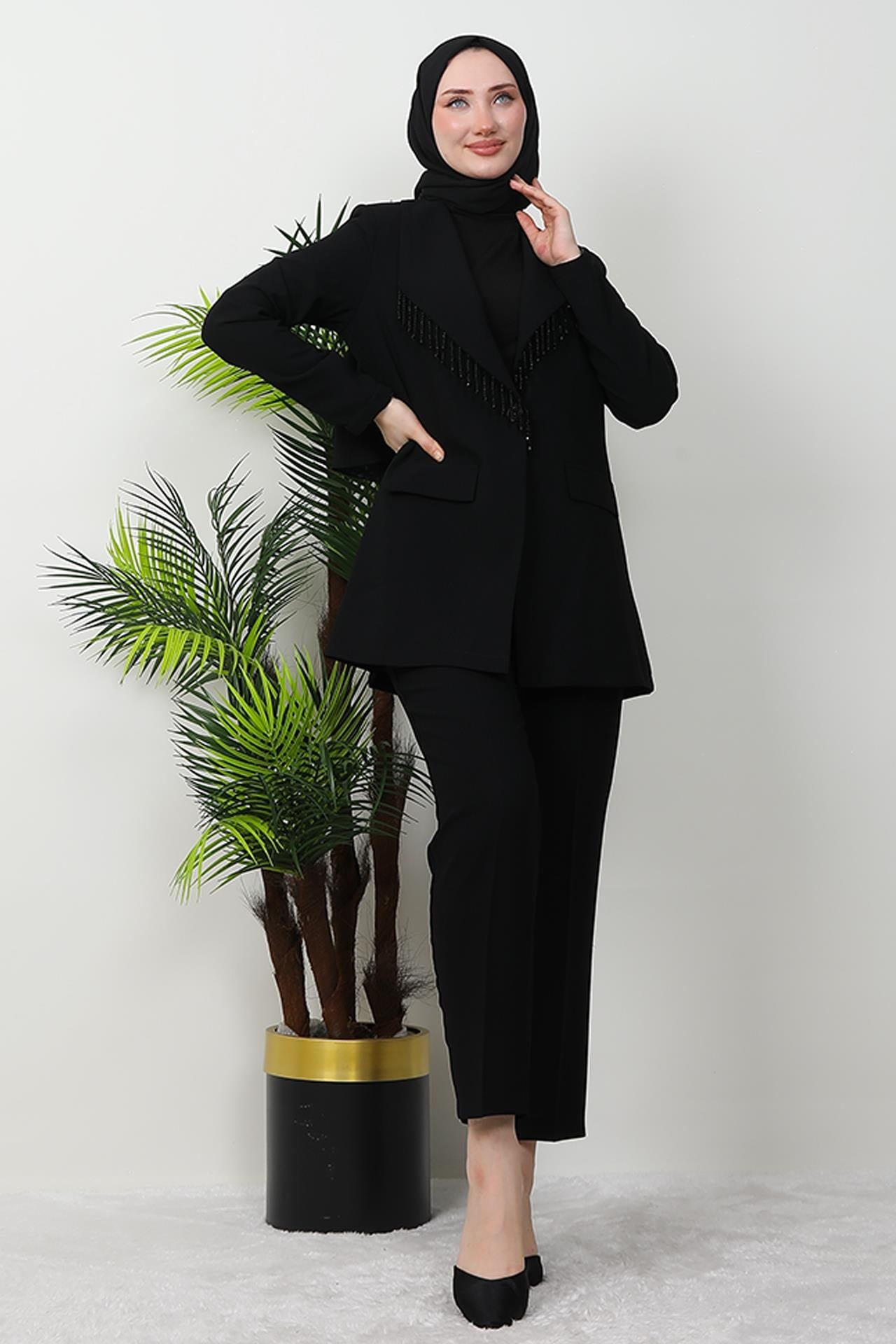 Asena Taşlı Takım Siyah