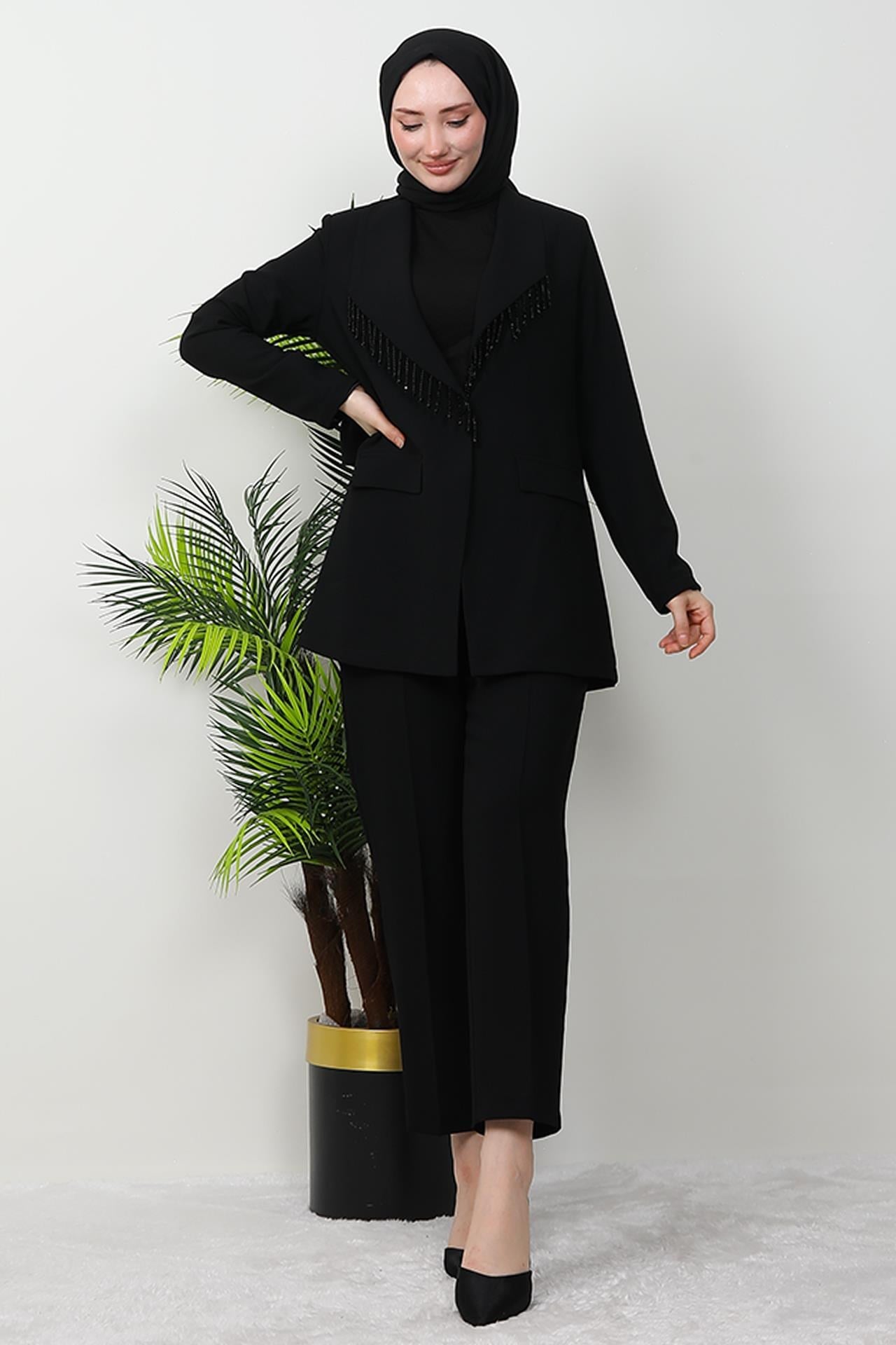 Asena Taşlı Takım Siyah