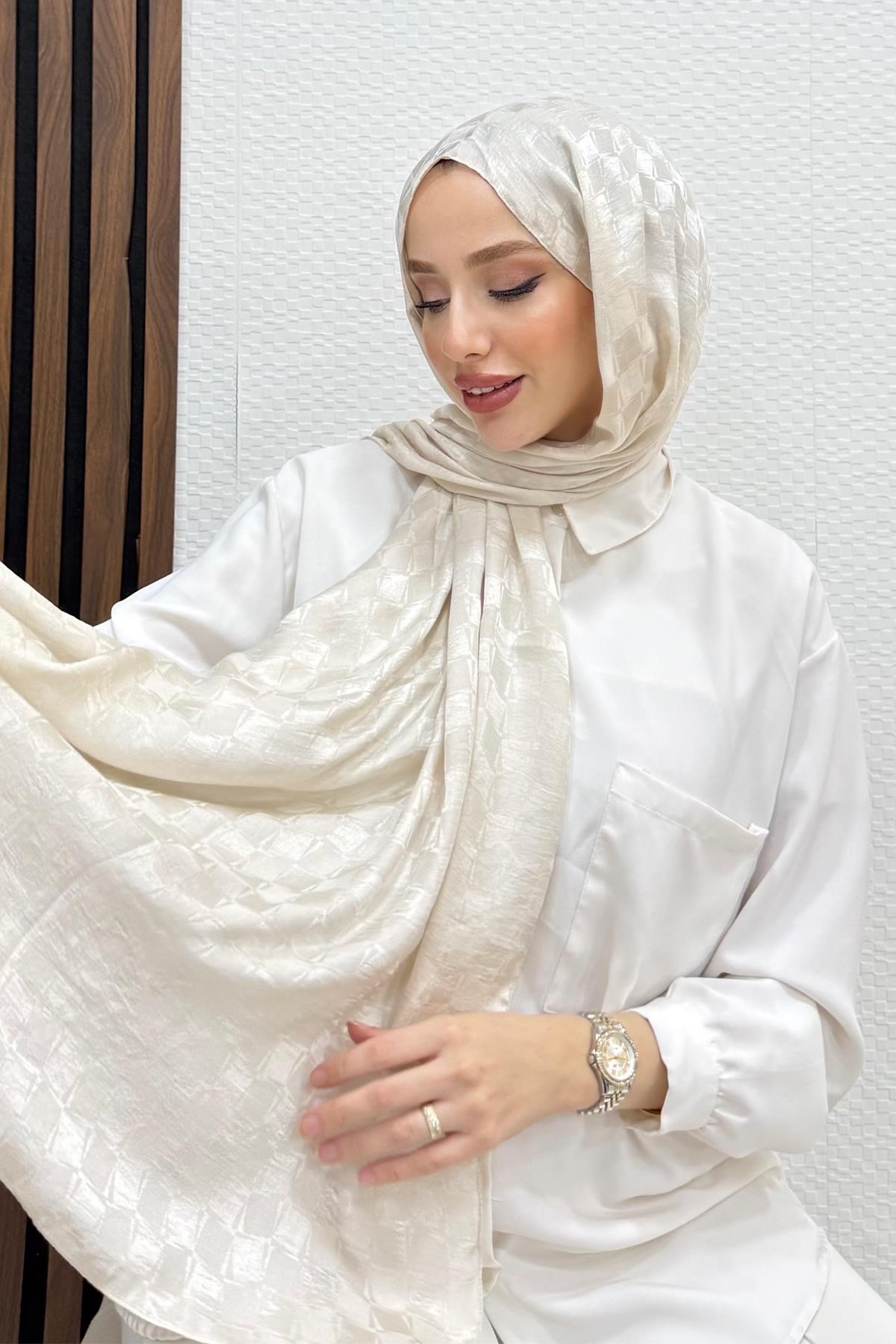 Asimetrik Kare Desen Şal Bej