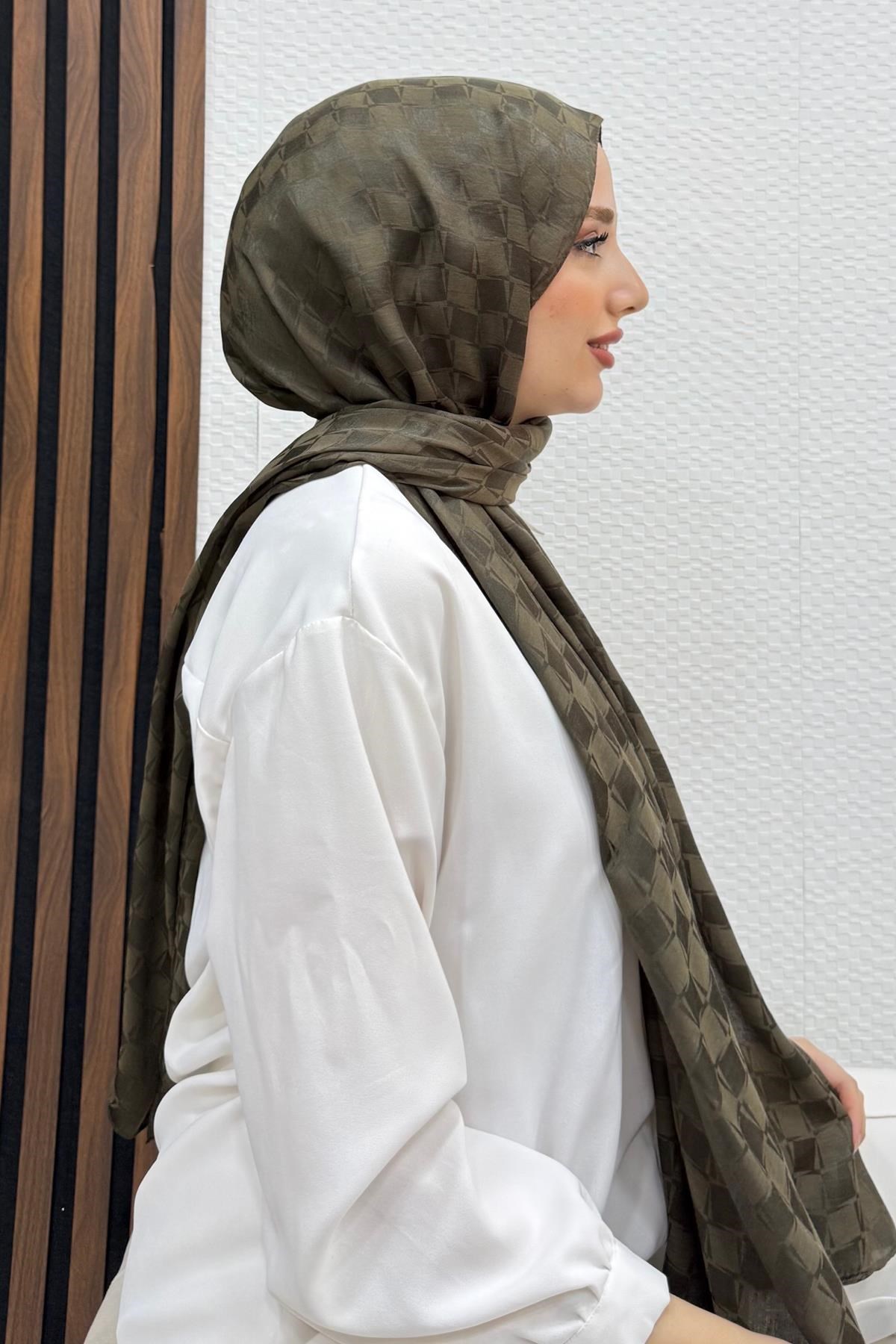 Asimetrik Kare Desen Şal Haki