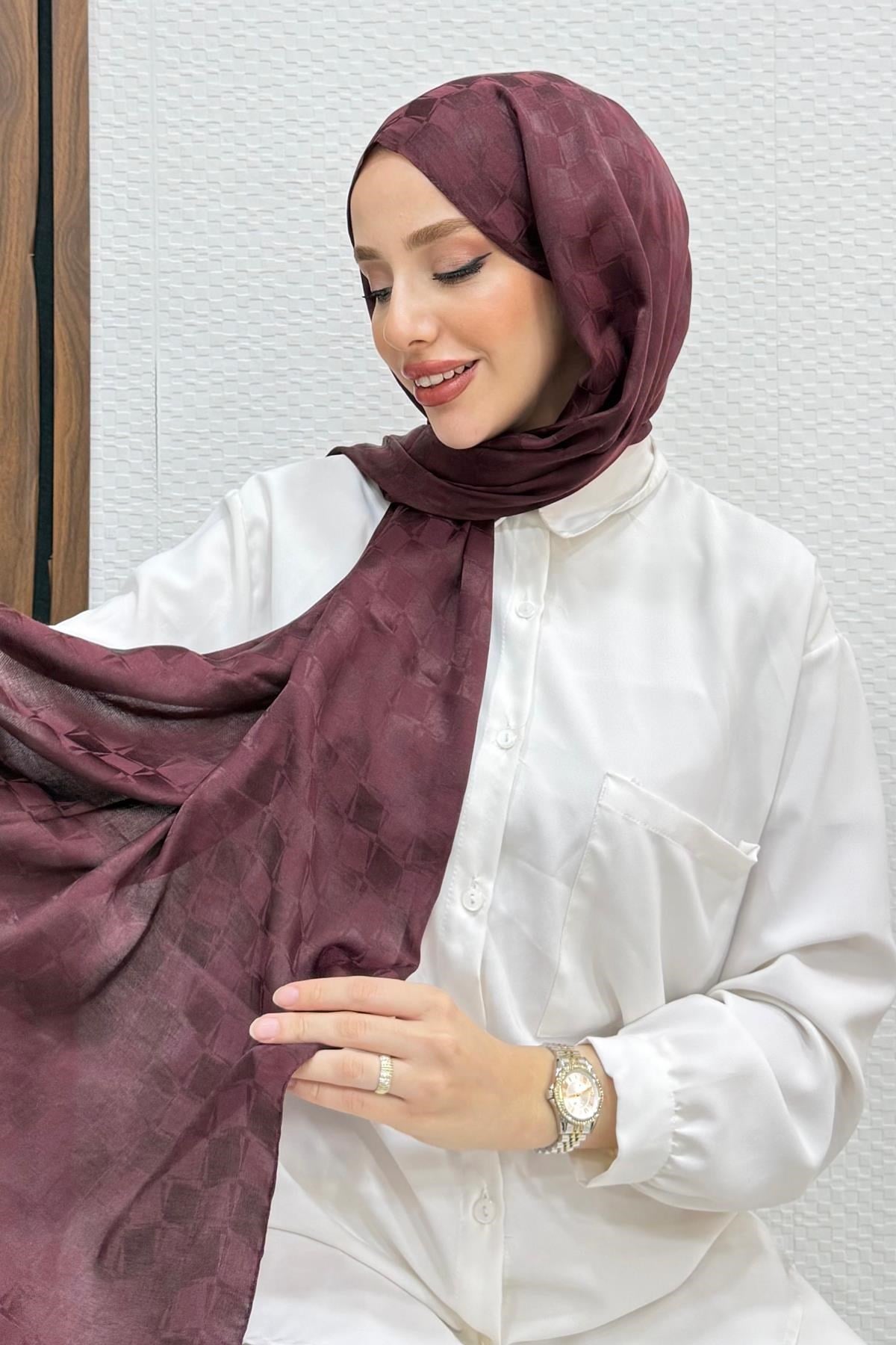 Asimetrik Kare Desen Şal Mürdüm