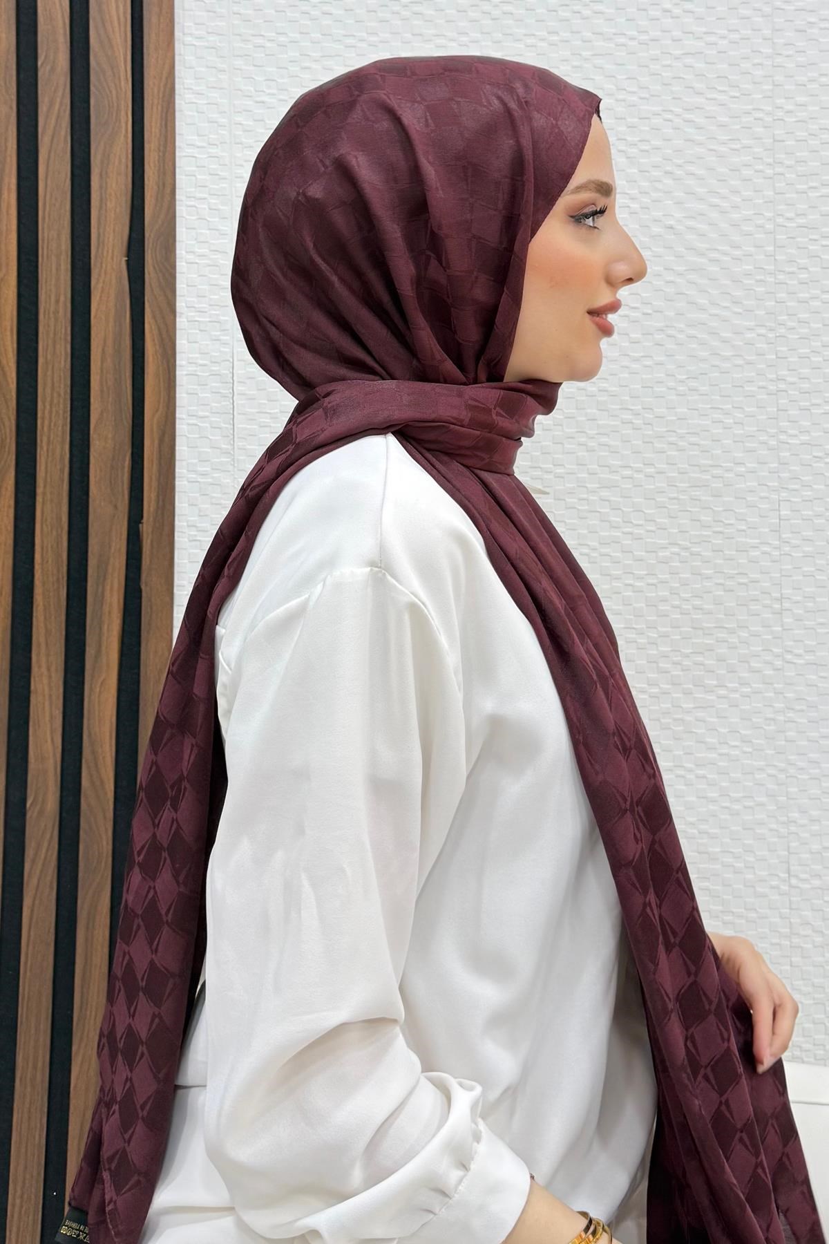 Asimetrik Kare Desen Şal Mürdüm