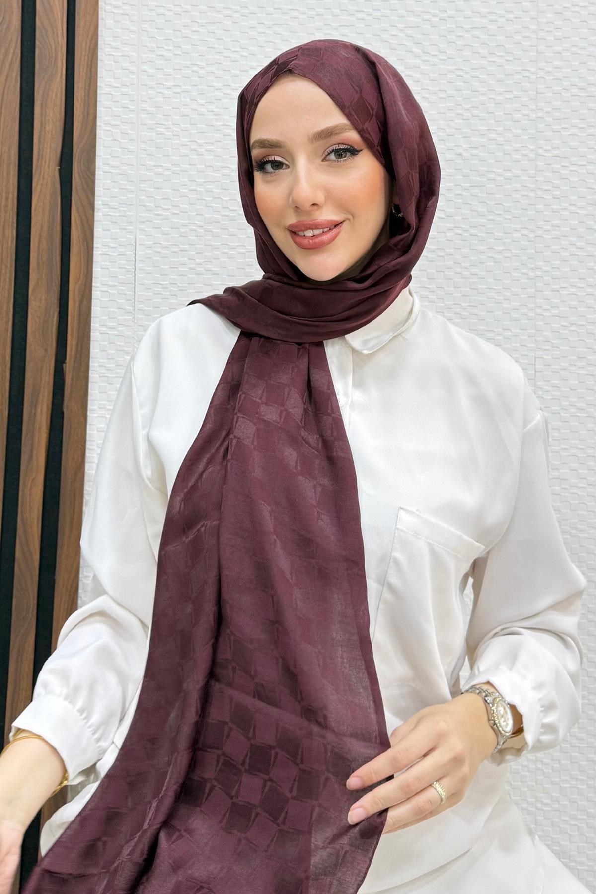 Asimetrik Kare Desen Şal Mürdüm
