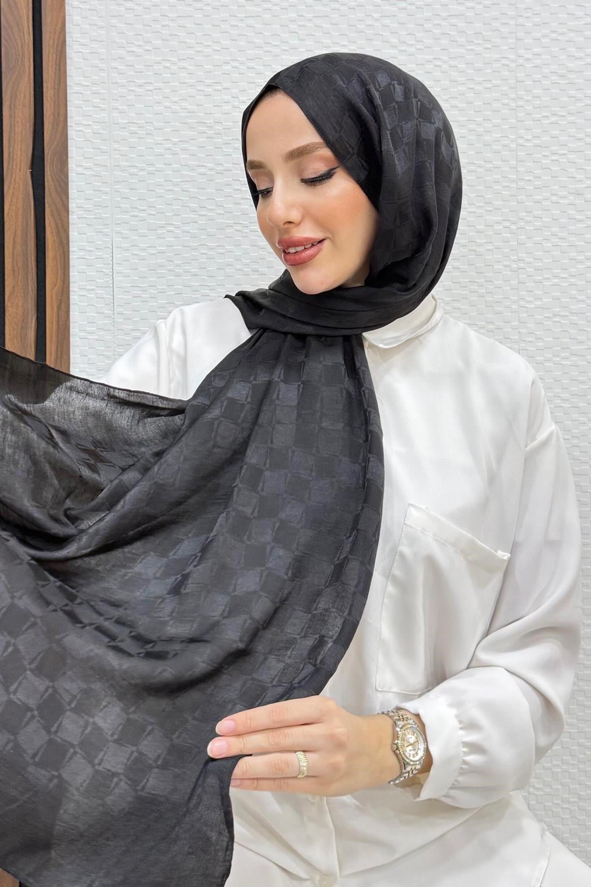 Asimetrik Kare Desen Şal Siyah