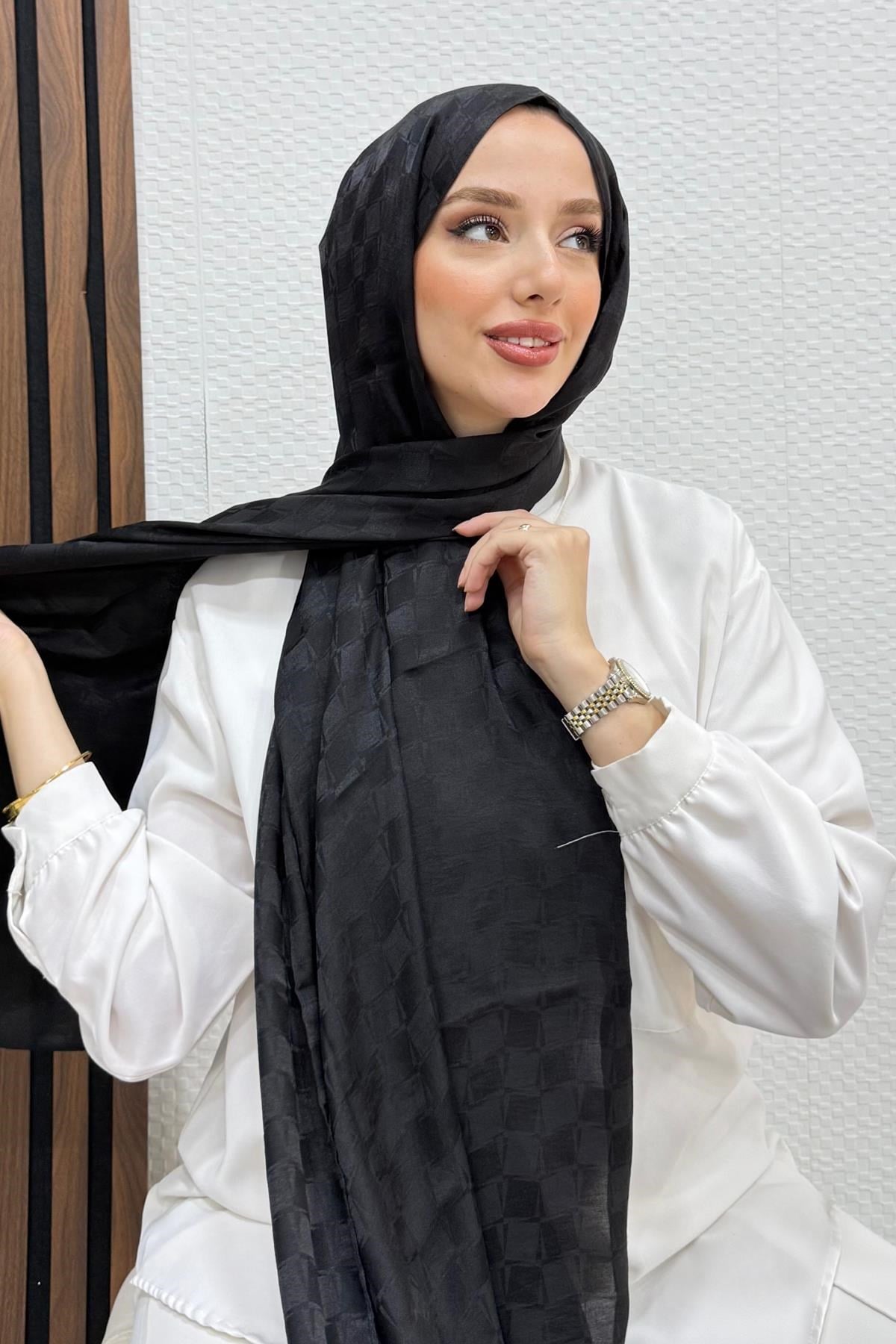 Asimetrik Kare Desen Şal Siyah
