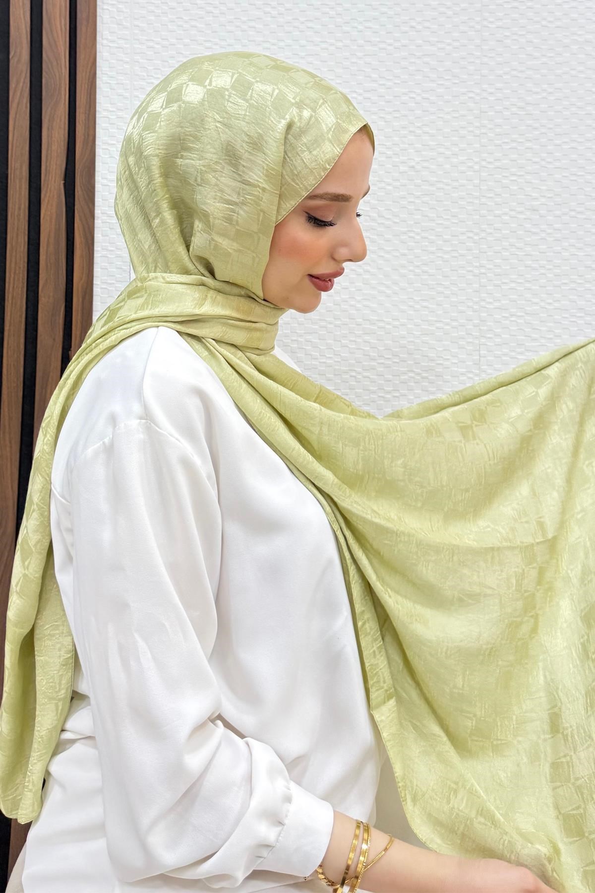 Asimetrik Kare Desen Şal Soft Yeşil