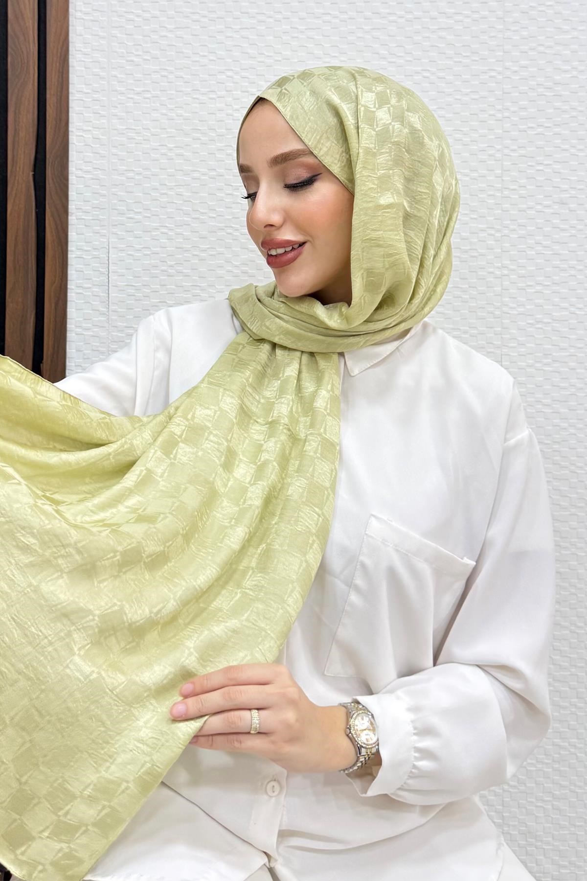 Asimetrik Kare Desen Şal Soft Yeşil