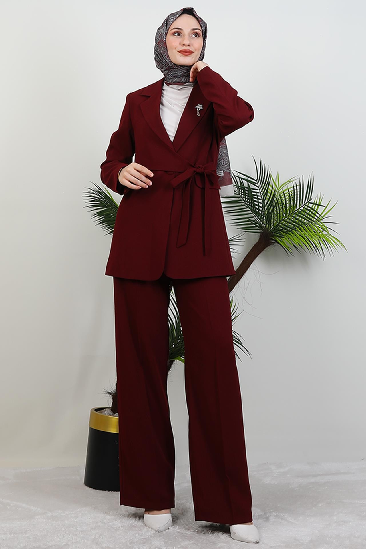 Asimetrik Taşlı Takım Bordo