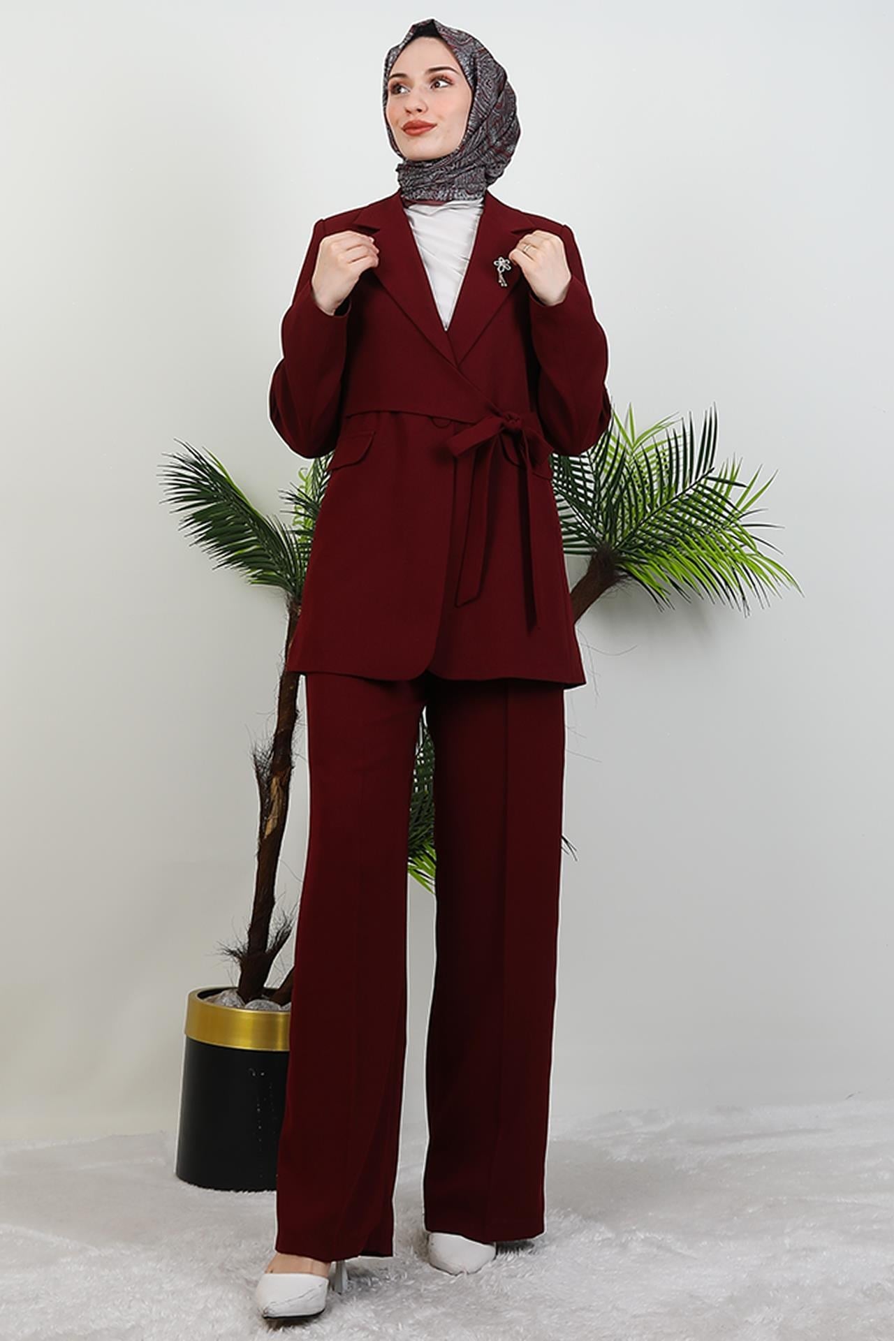 Asimetrik Taşlı Takım Bordo