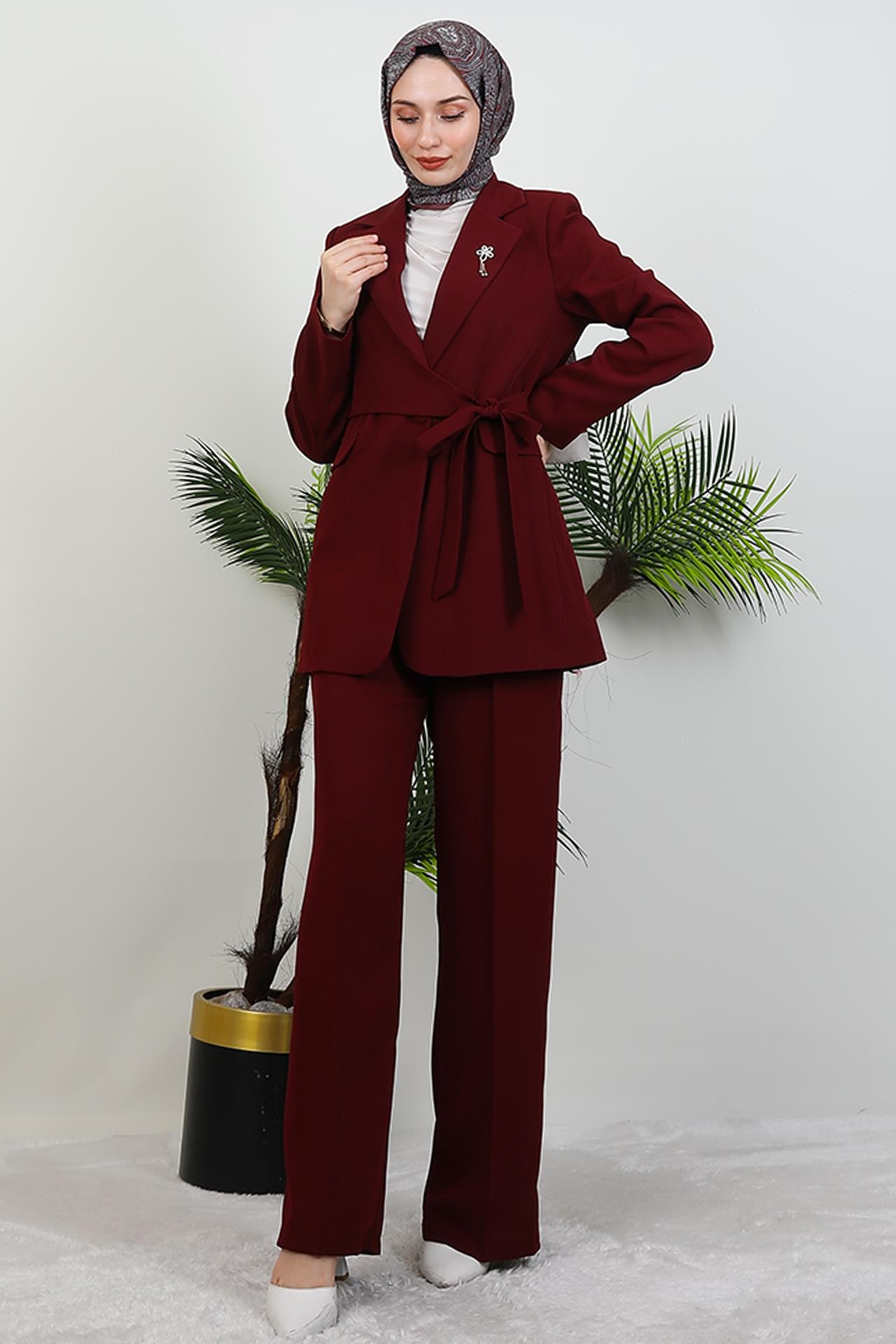 Asimetrik Taşlı Takım Bordo