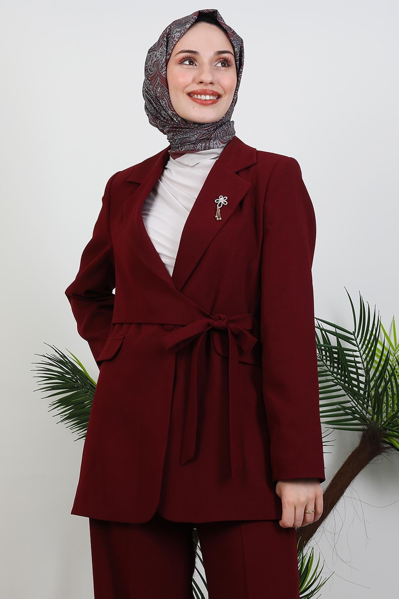Asimetrik Taşlı Takım Bordo