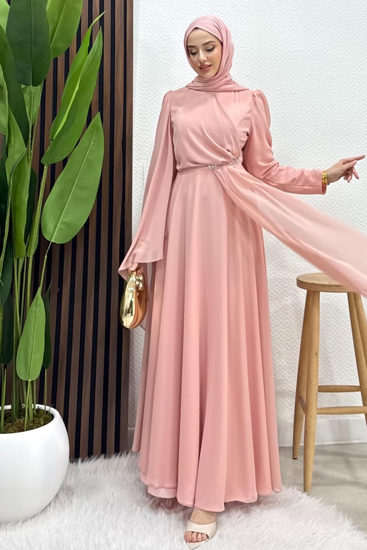 Ay Pelerin Şifon Abiye Soft Pembe