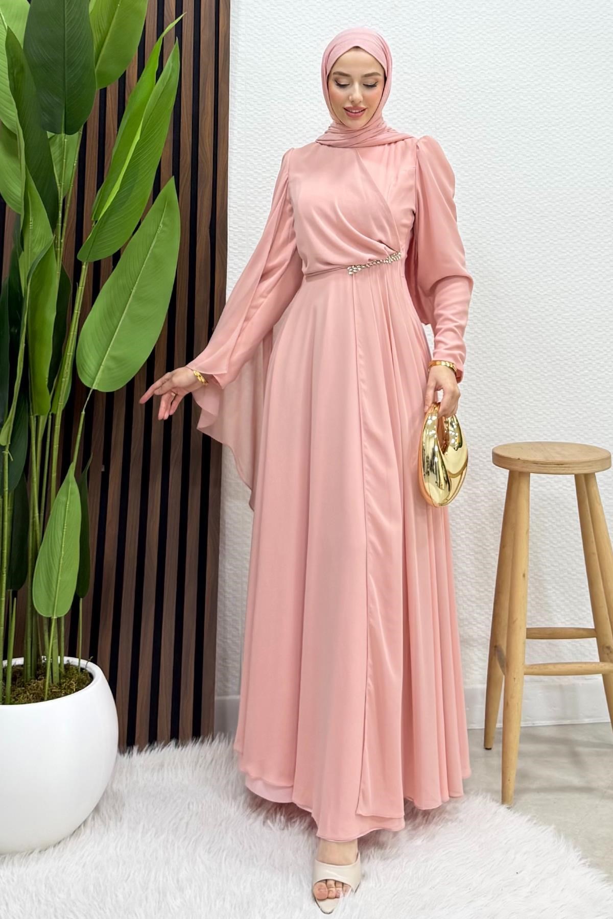 Ay Pelerin Şifon Abiye Soft Pembe