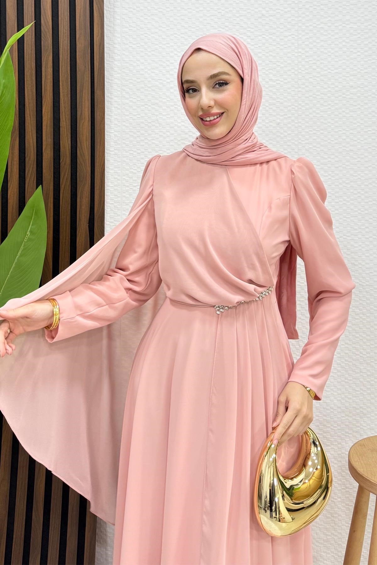 Ay Pelerin Şifon Abiye Soft Pembe