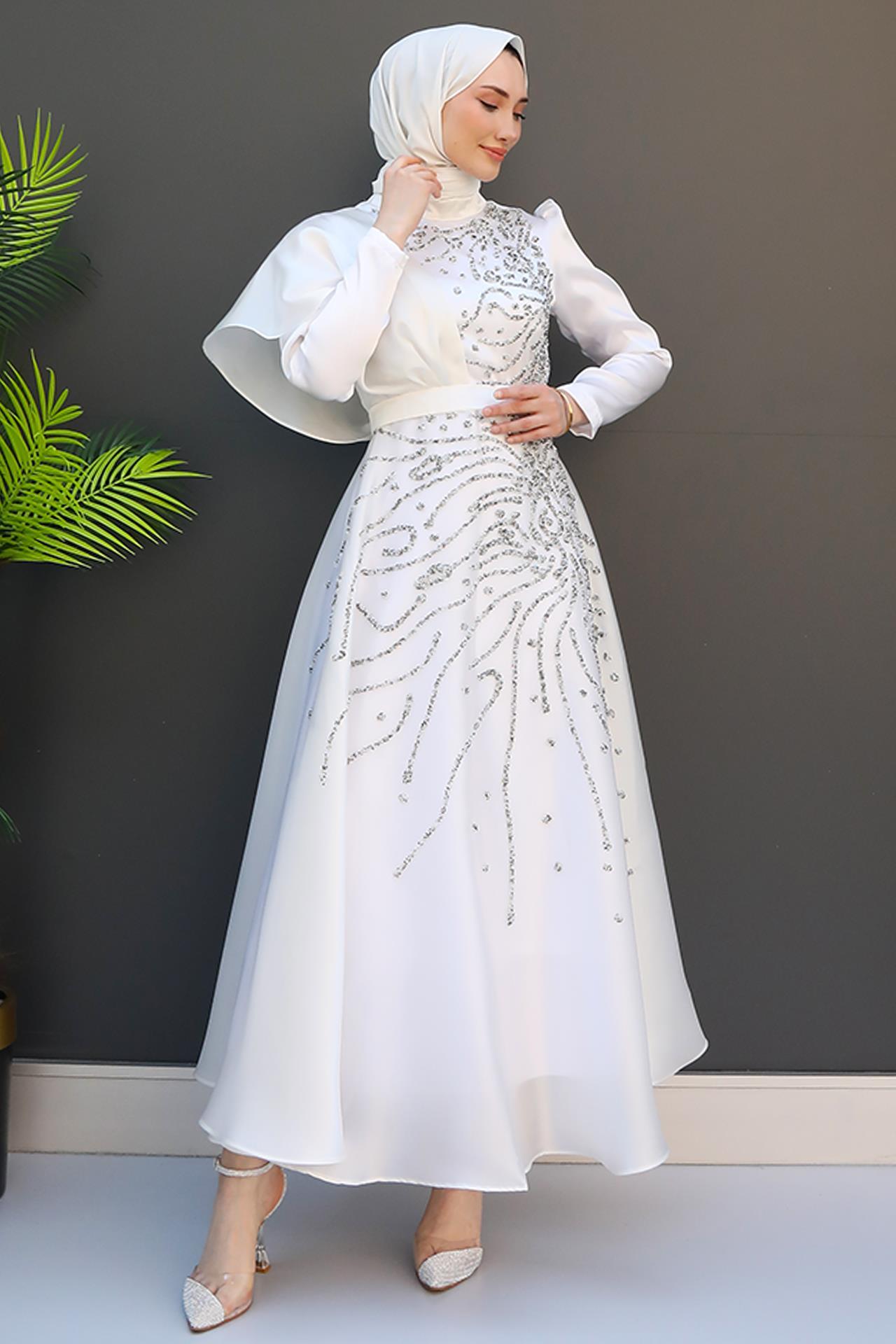 Ayça Tesettür Abiye Beyaz