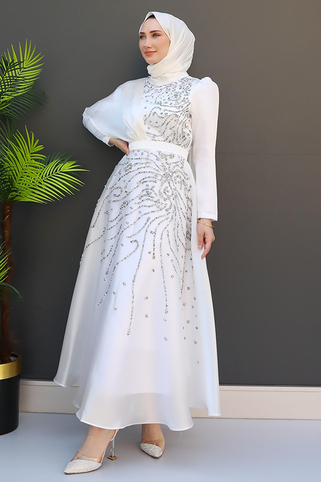 Ayça Tesettür Abiye Beyaz