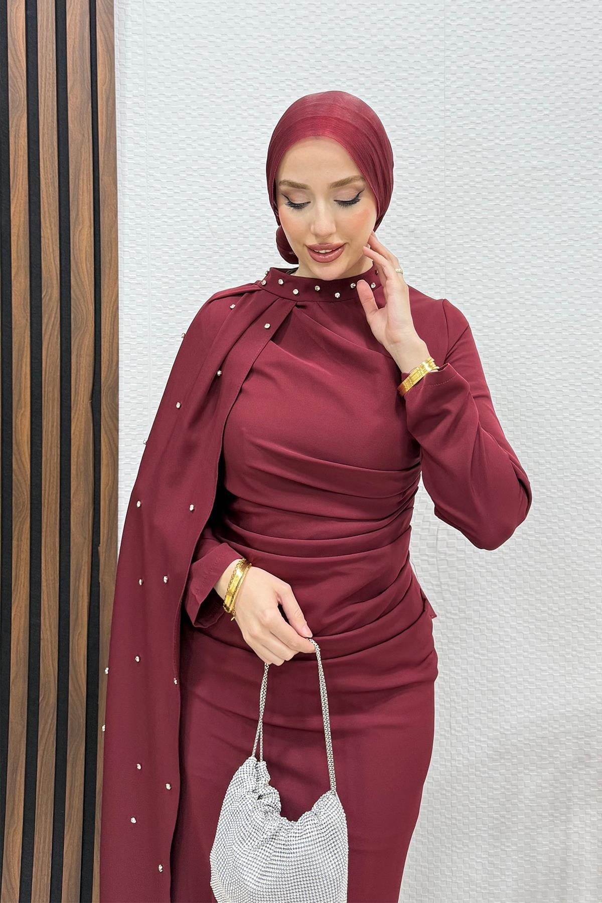 Ayşen Krep Abiye Bordo