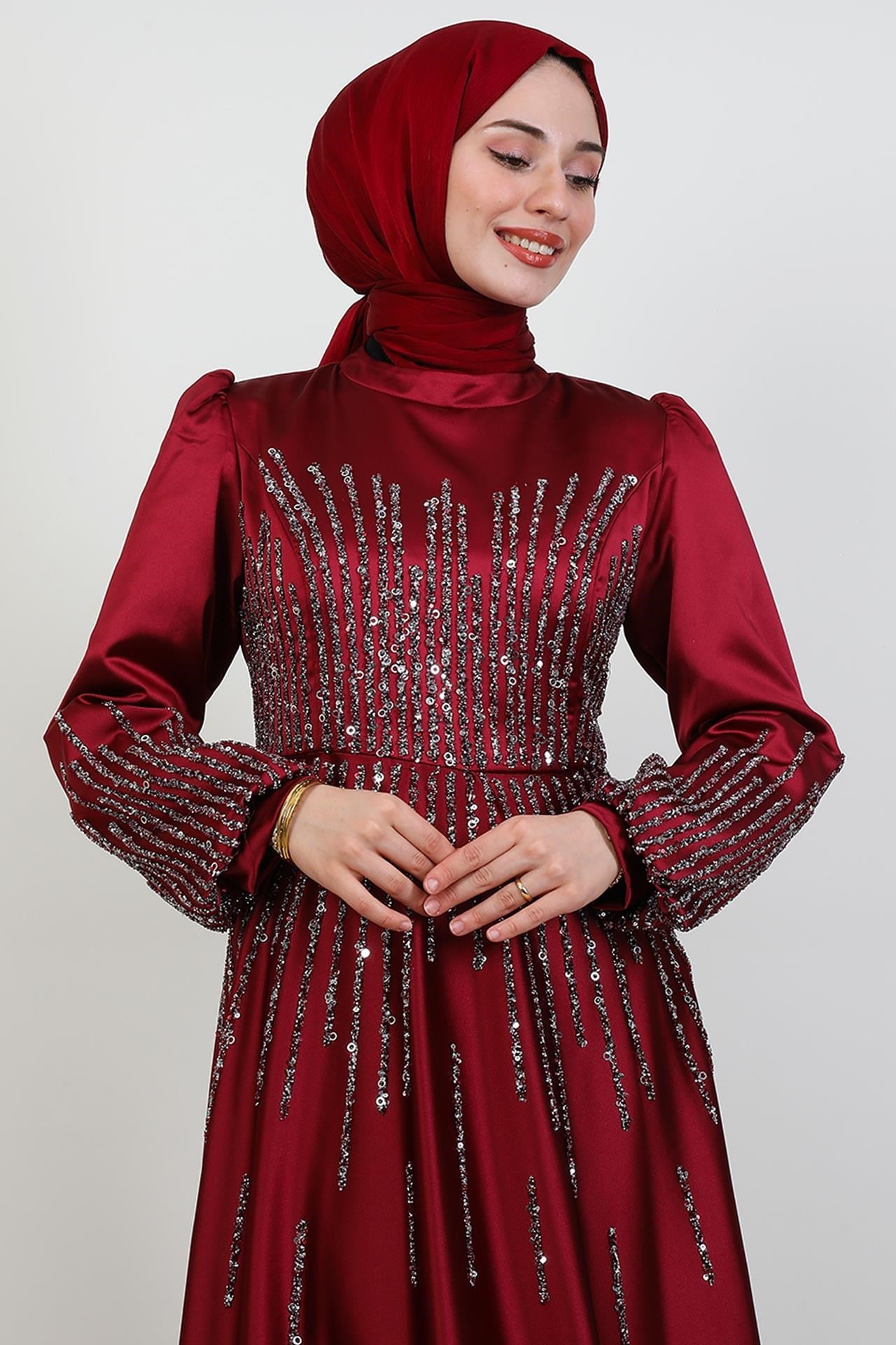 Aysu Taşlı Tesettür Abiye Bordo