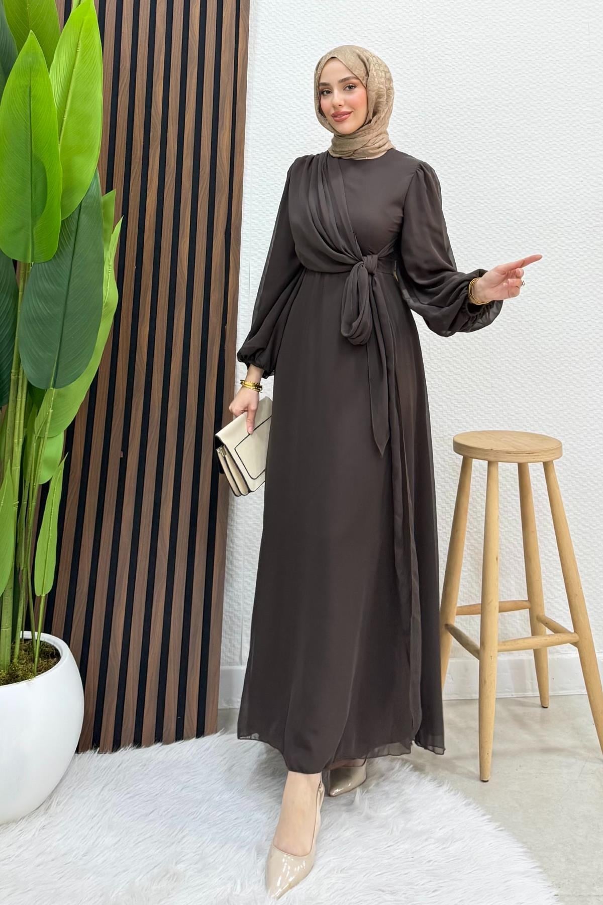 Bağlama Detay Şifon Elbise Acı Kahve