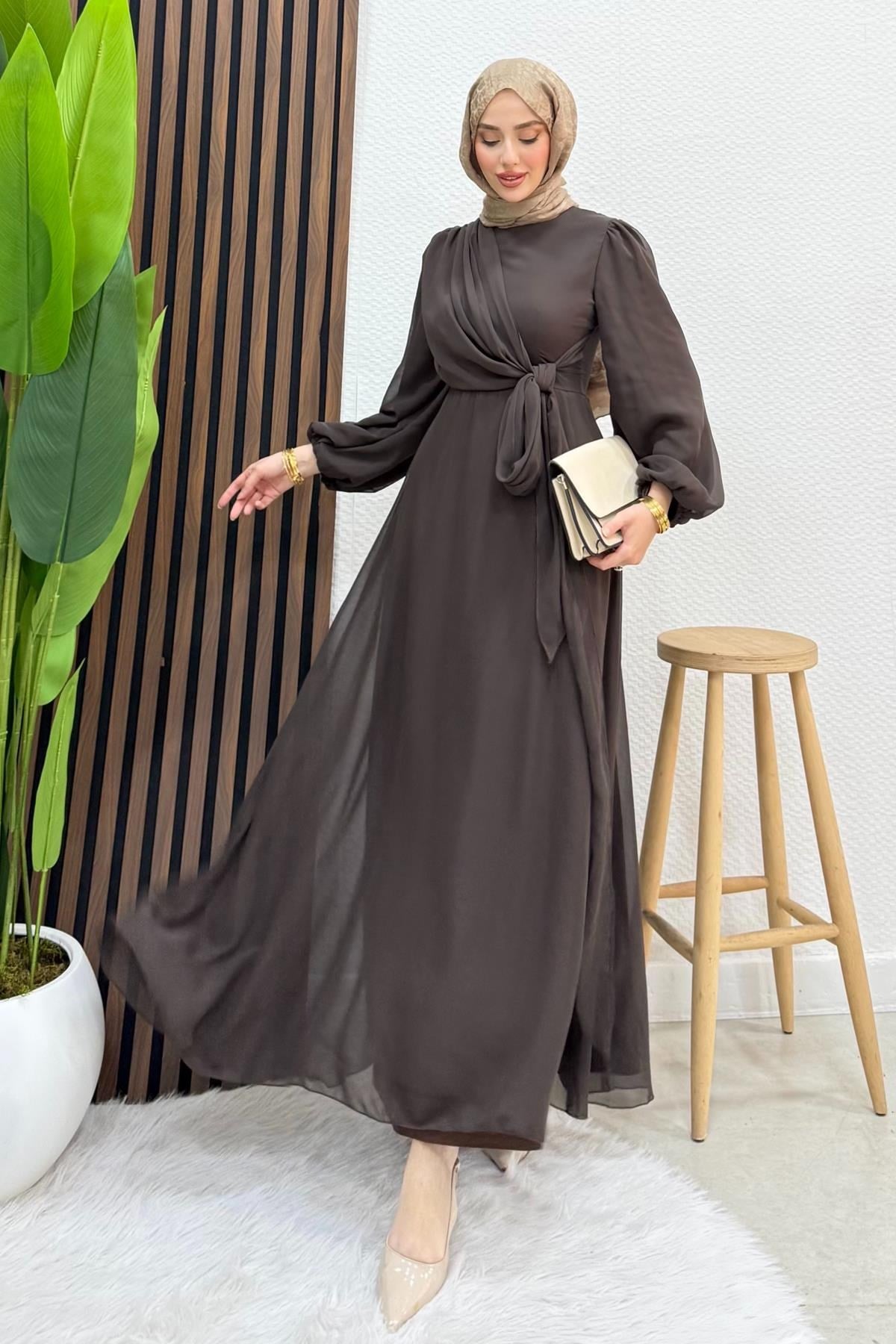 Bağlama Detay Şifon Elbise Acı Kahve