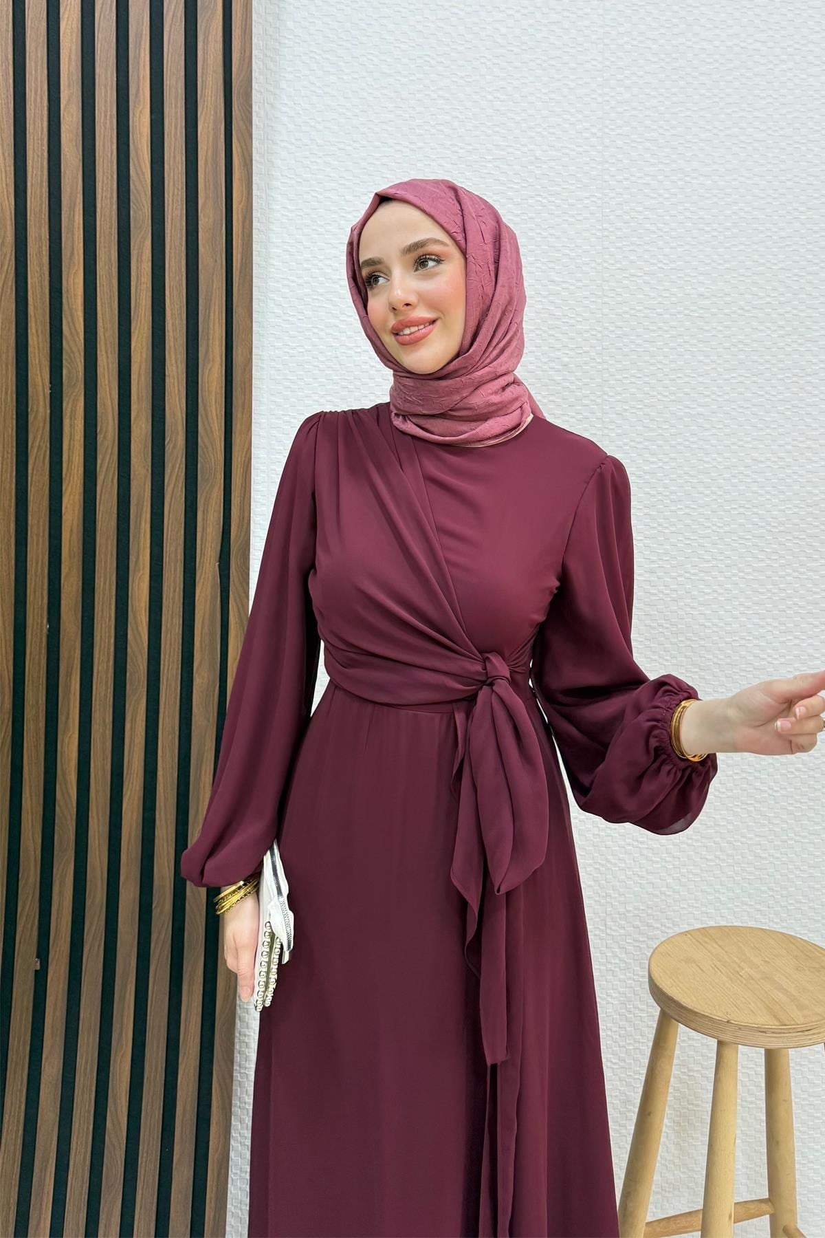 Bağlama Detay Şifon Elbise Bordo