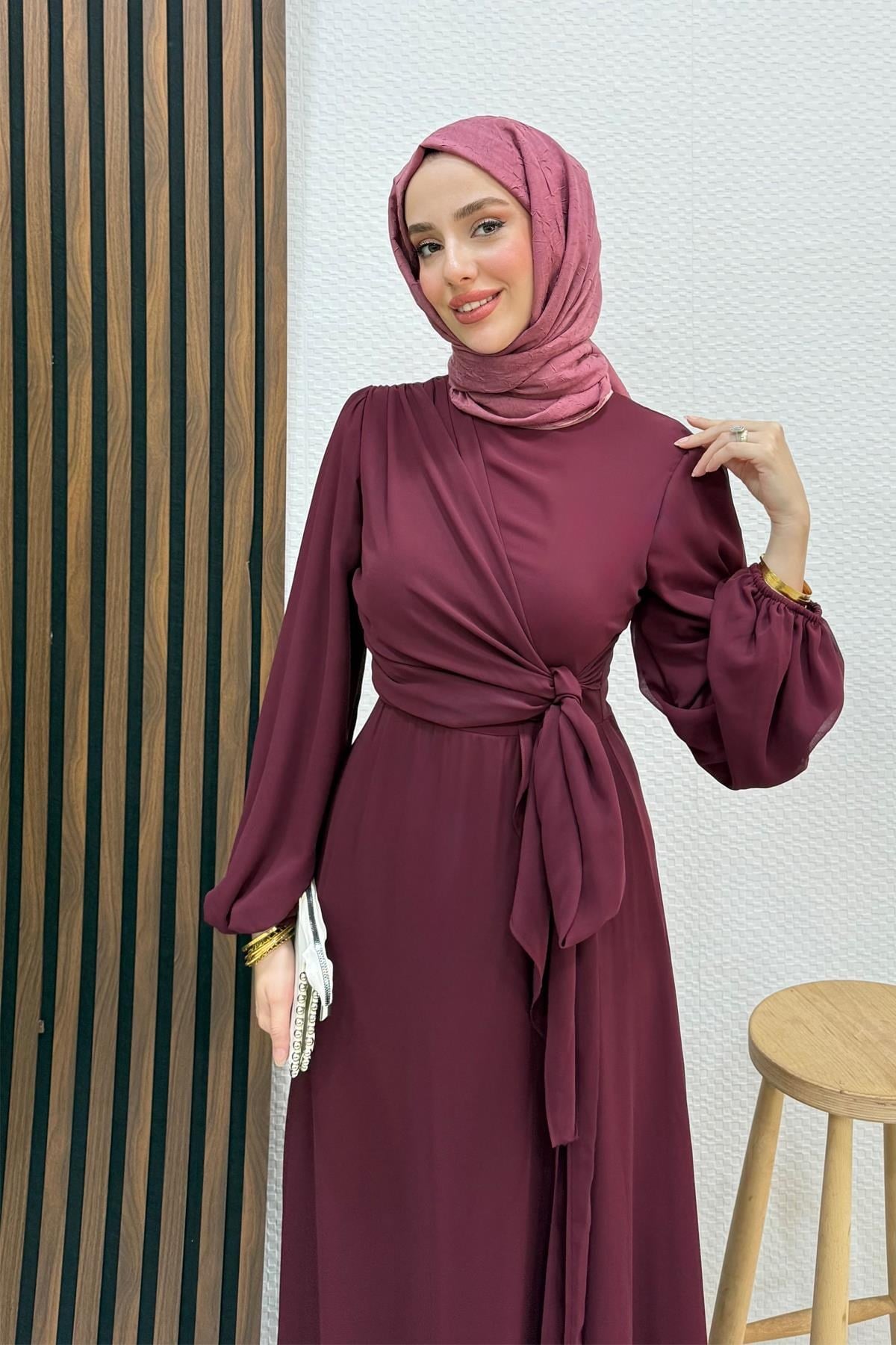Bağlama Detay Şifon Elbise Bordo