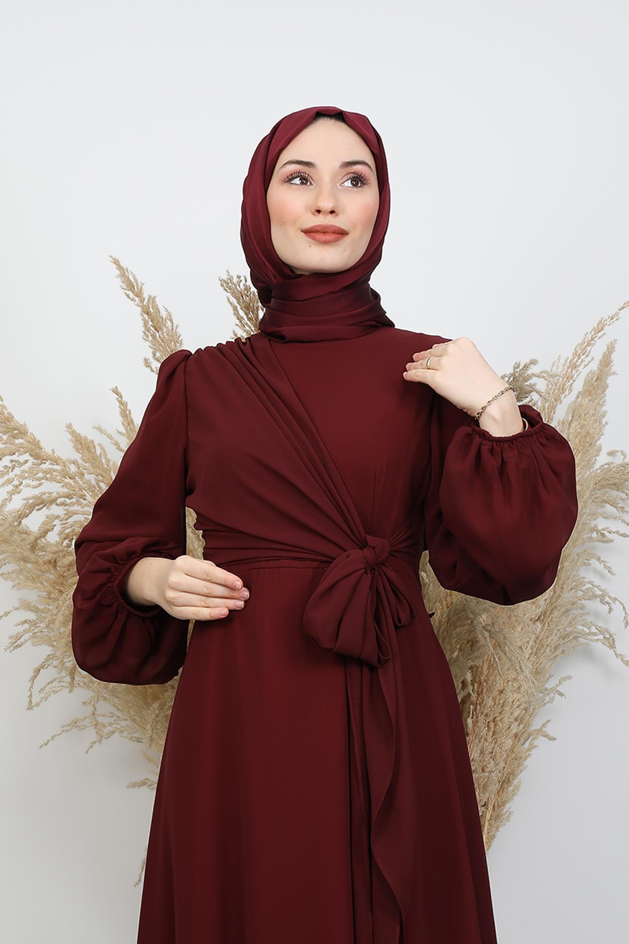Bağlama Detay Şifon Elbise Bordo