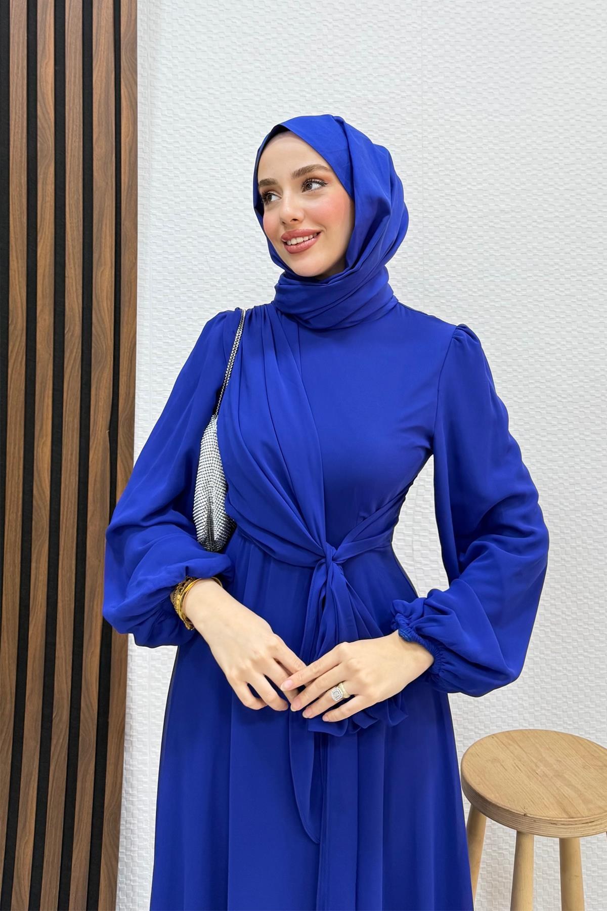 Bağlama Detay Şifon Elbise Gece Mavi