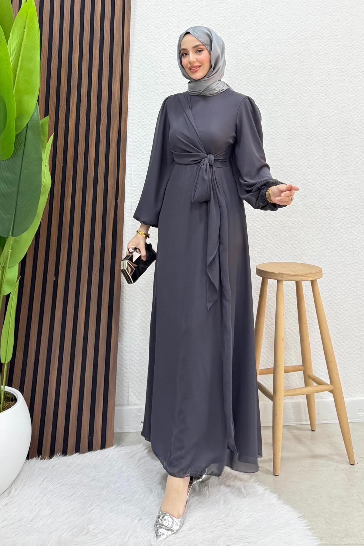 Bağlama Detay Şifon Elbise Koyu Gri