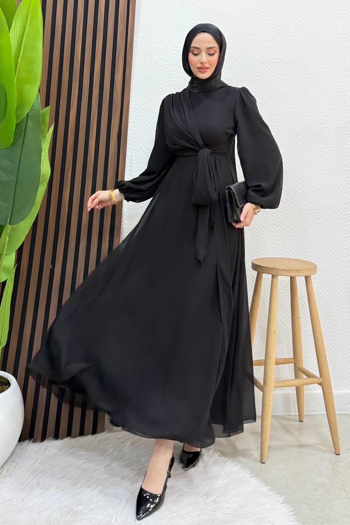 Bağlama Detay Şifon Elbise Siyah